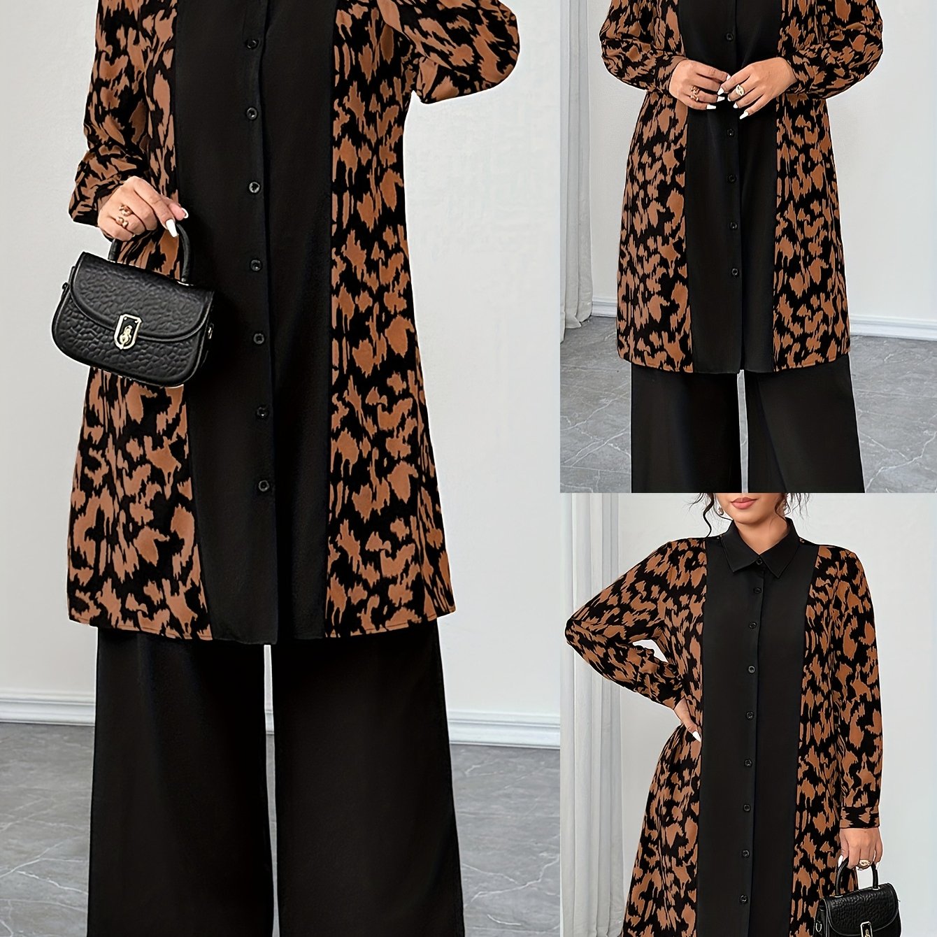 TEMU Plus Size, 1 Elegant Lapel-collar Long-sleeve Cardigan Made From Printed Fabric, A Plus-size Mid-length Shirt, With 1 Solid-color Straight-leg