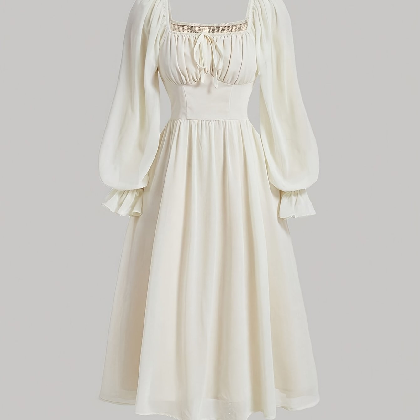 E-shop Elegantes Damen-Smockkleid mit geraffter Taille & quadratischem Ausschnitt - Langarm-Smockkleid geeignet für Hochzeiten, Partys,