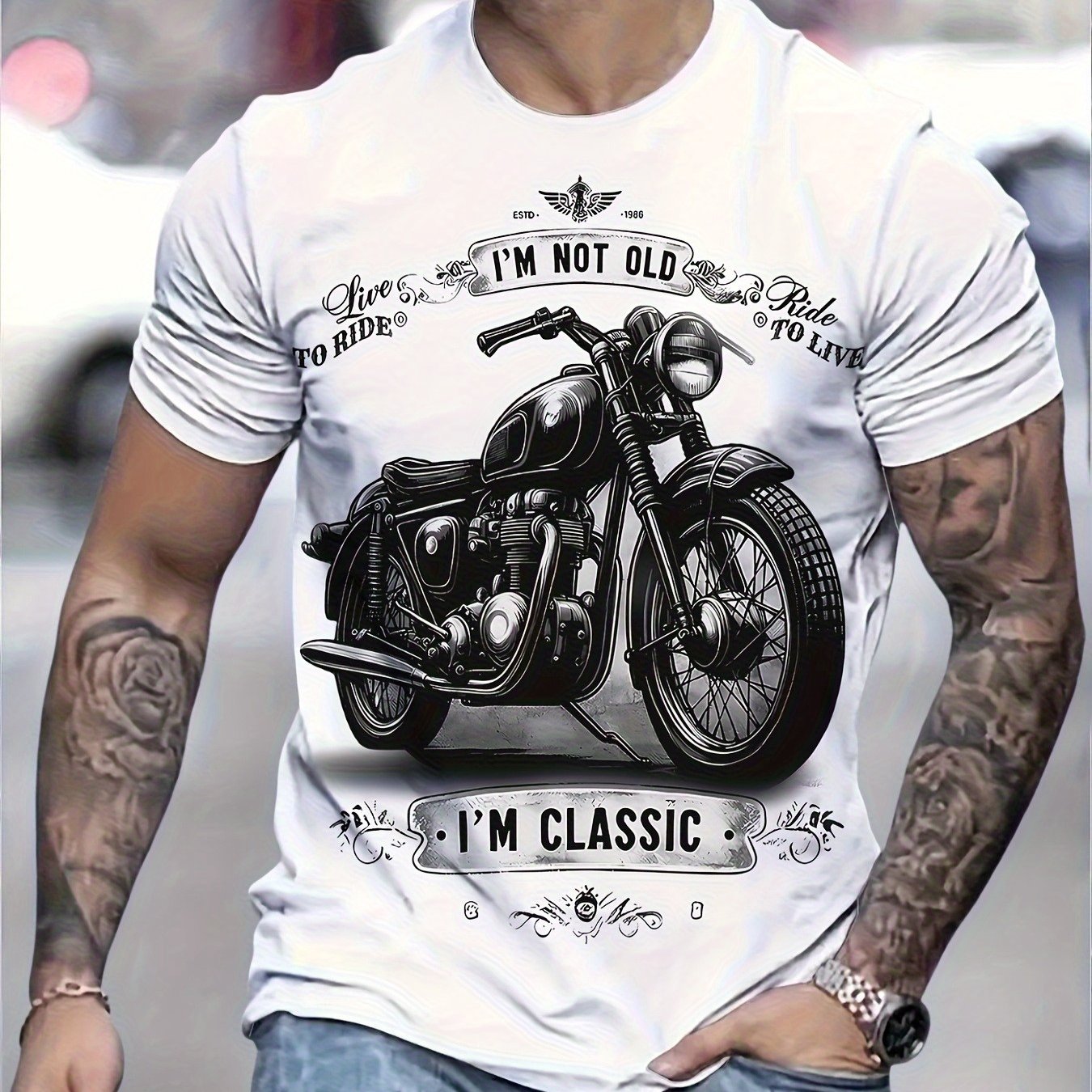 TEMU Men's Vintage Motorcycle T-shirt With 3d Motorcycle Rider & Old I' Slogan - Relaxed Fit Tee, Short Sleeve Crew Neck Casual Top For Motorcycle