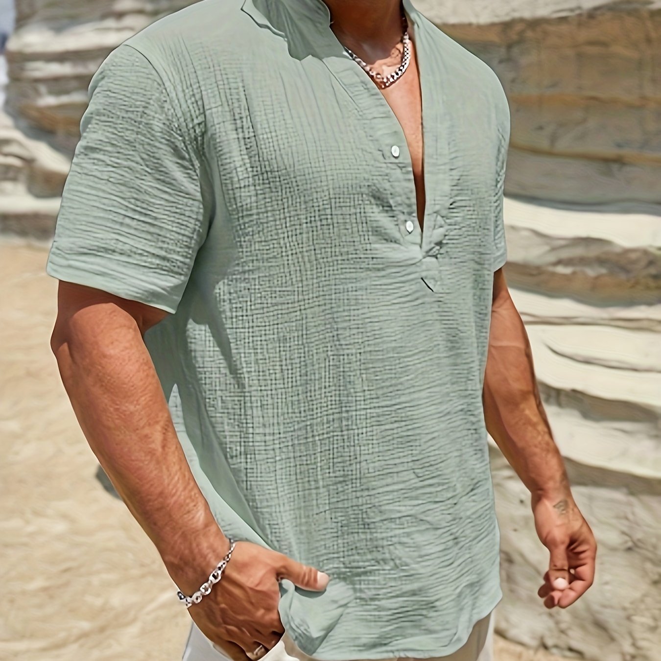 Men's Plus Size Casual Shirt - Solid Color, Button-up With Stand Collar, Machine Washable - Perfect For Summer, Plus Size