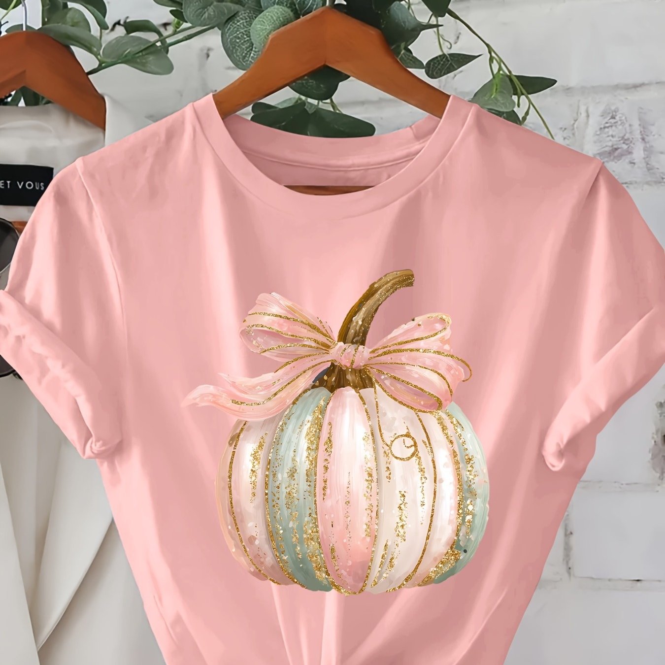 TEMU T Shirt For Women Sequined Pumpkin Pattern Short Sleeve Round Neck Casual Top Lightweight And Breathable Suitable For Spring Summer And Autumn