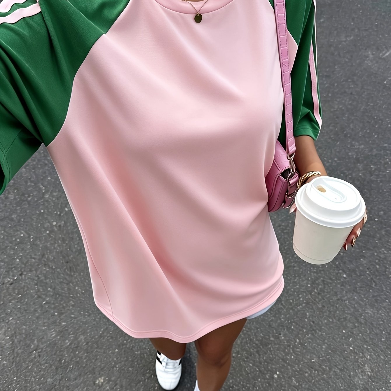 TEMU [printed Design - Not Textured]women's Striped Color-block Raglan Sleeve Loose-fitting Casual Round-neck T-shirt, Summer