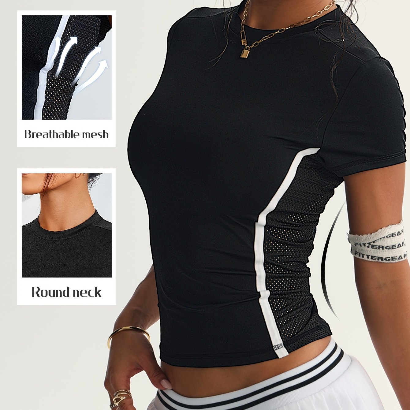 Image of Women's Athletic Casual T-shirt, Slim-fit Fitness Sports Top With Side Stripes, Breathable, Sexy, And Comfortable For Commuting, Outdoor Running, And Slim-cut Short-sleeve Shirt