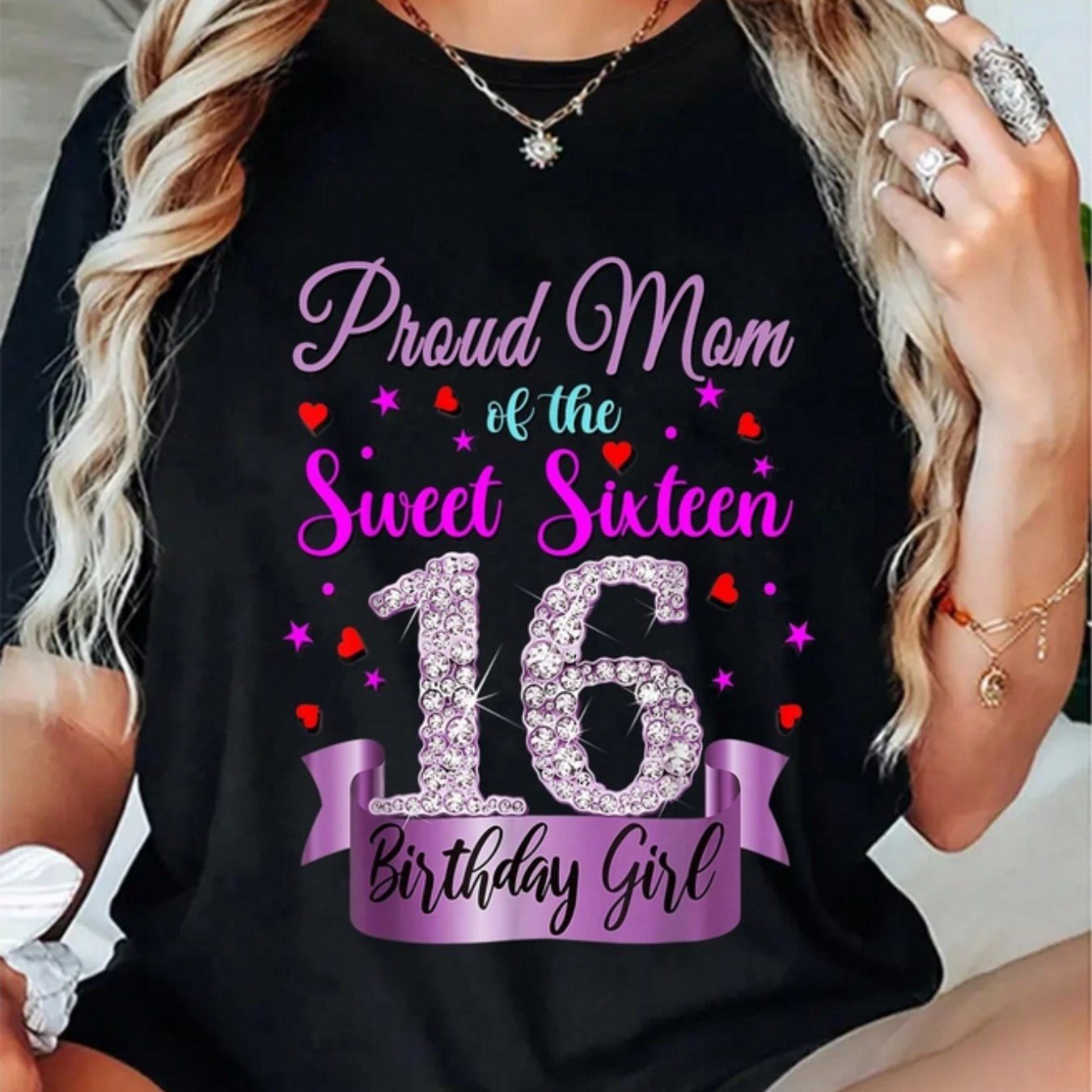 TEMU Dames 16e T-Shirt - Trotse Moeder van Zestien met Nummer 16 & Ballonnen Print, Casual Ronde Hals Korte Mouw Top voor Feestoutfits, Cadeau voor