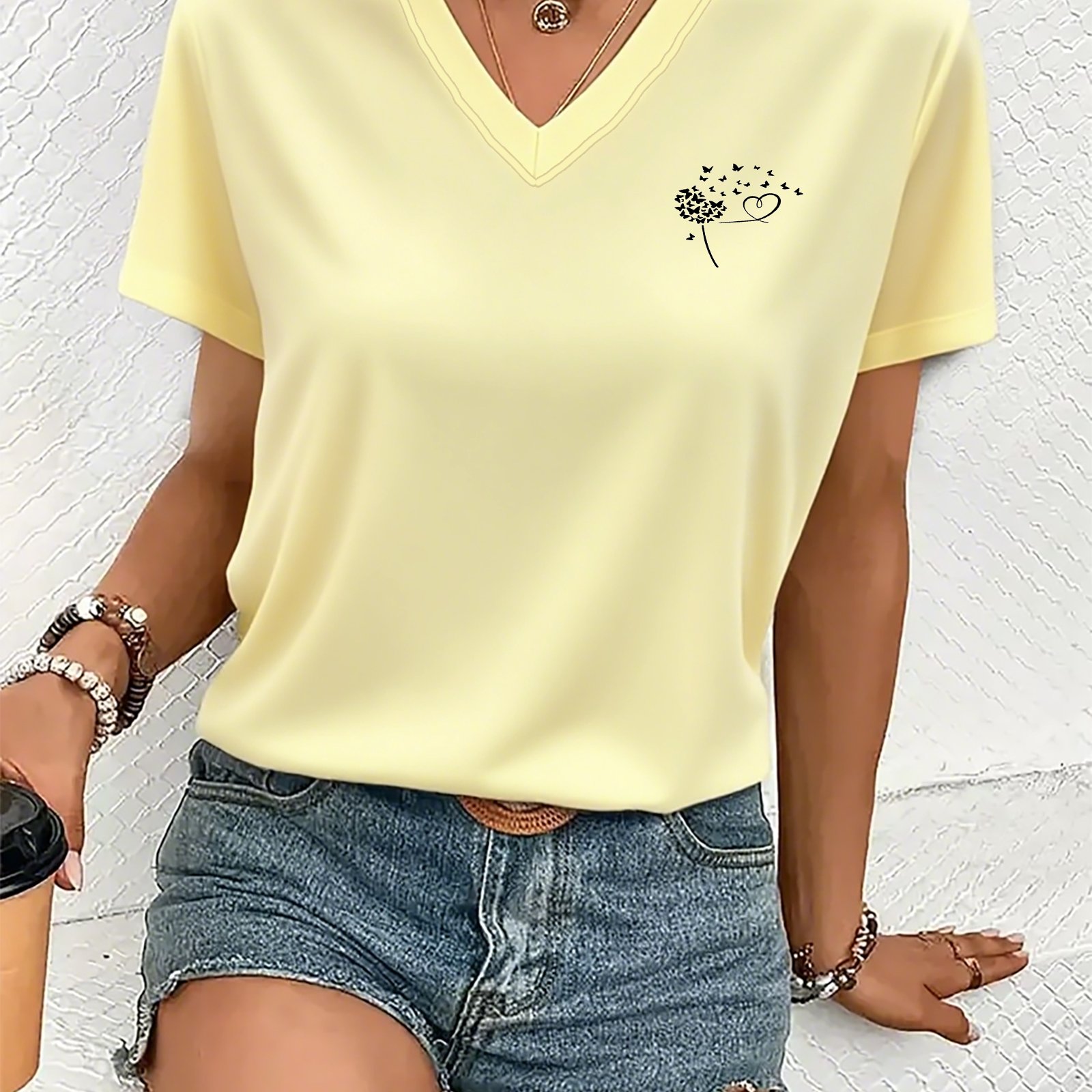 TEMU Y2k, Trendy Fashion, Delicate Small Chest Print, Women's V-neck Regular Short Sleeve, Casual And Comfortable, Women's Spring/summer Clothing