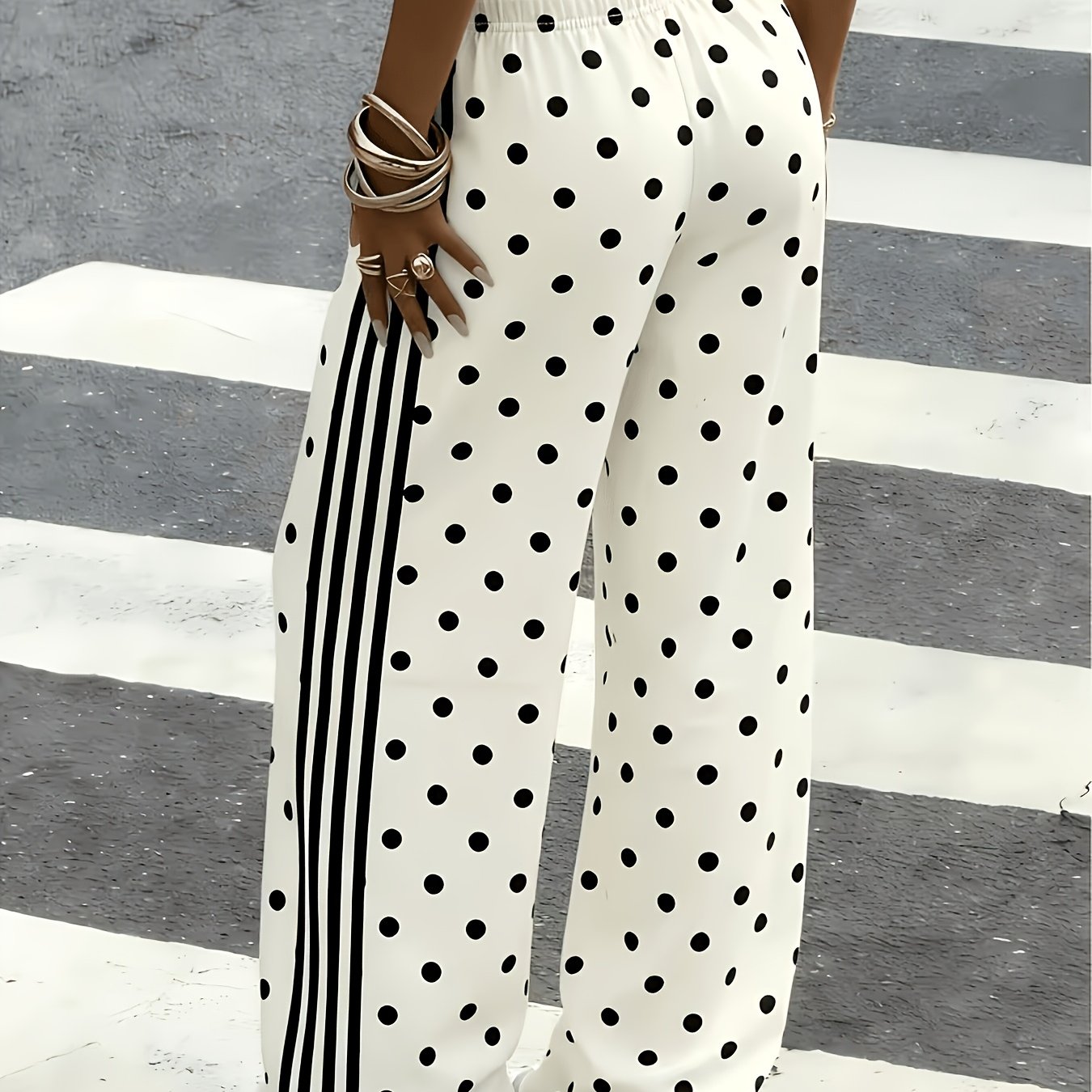 TEMU Women's Black And White Polka Dot Side Stripe Wide-leg Pants, High-waisted,, Versatile, Straight-leg Trousers, New Style Long Pants Suitable For