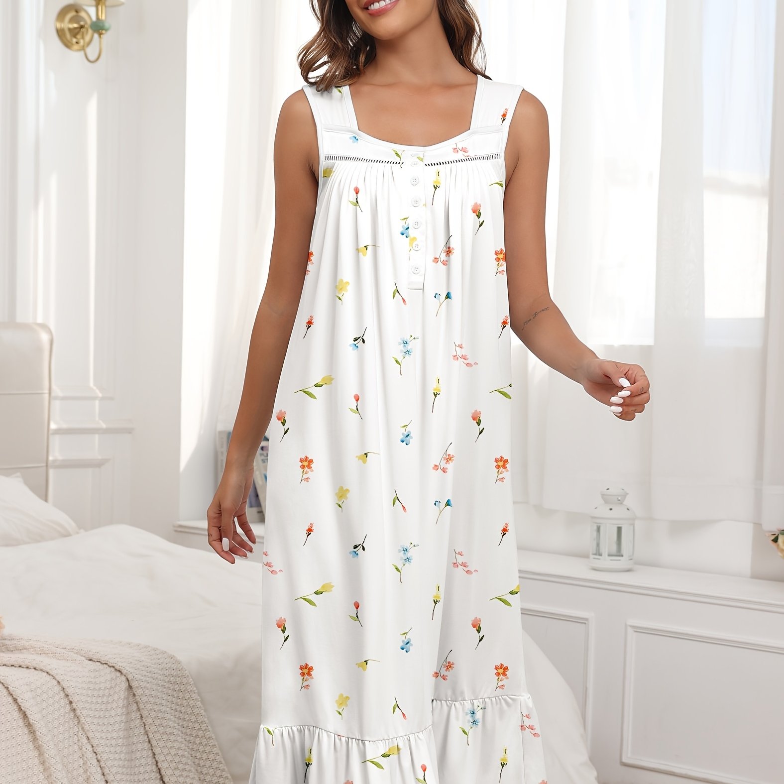 TEMU Elegant Victorian-inspired Sleeveless Nightgown For Women - Long, Flowy Sleepshirt With Prints, In Sizes S-xxl