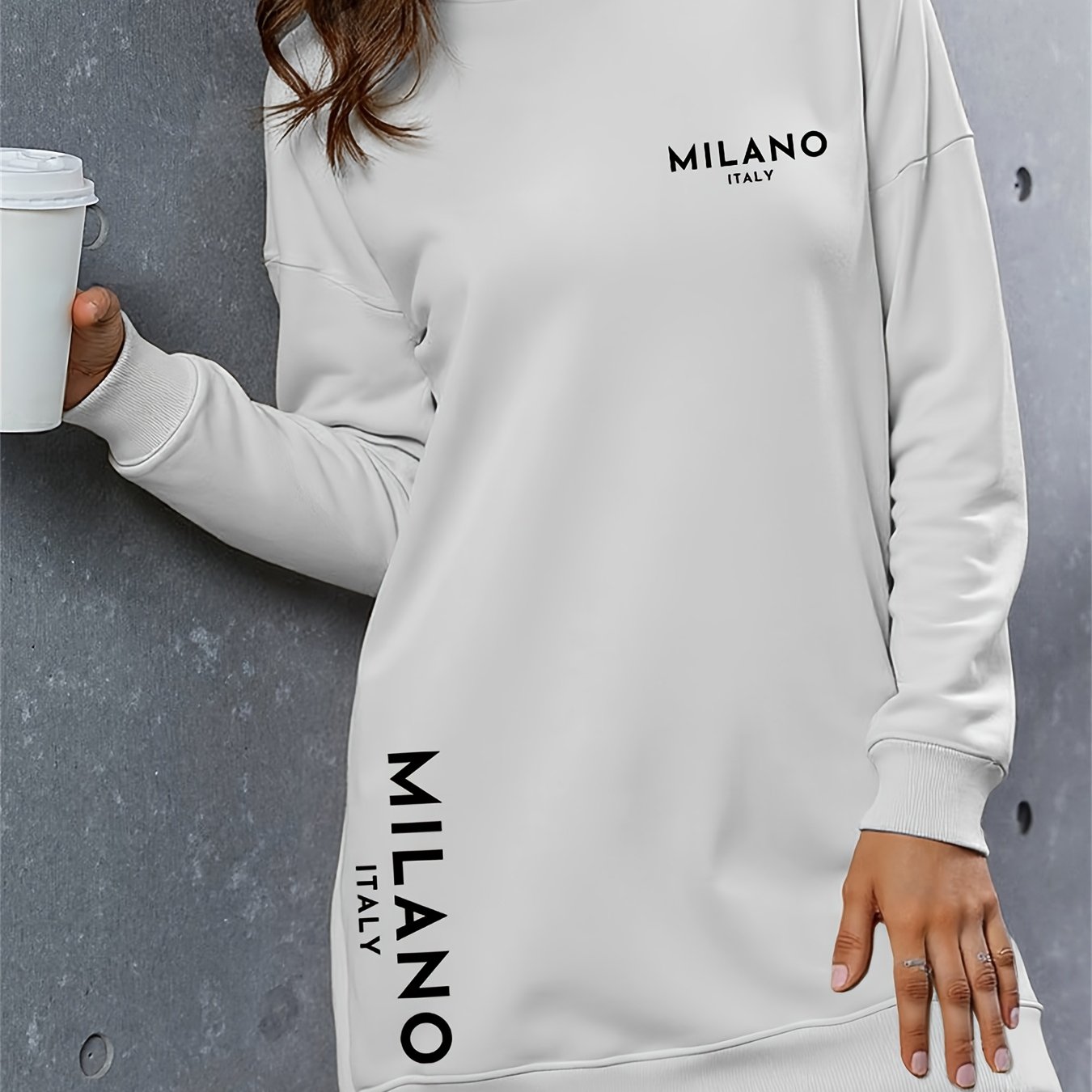 TEMU Robe sweat à capuche doublée en pour femmes européennes et américaines 2025, imprimé de lettres, robe à capuche épaissie, sweat-shirt, longue,