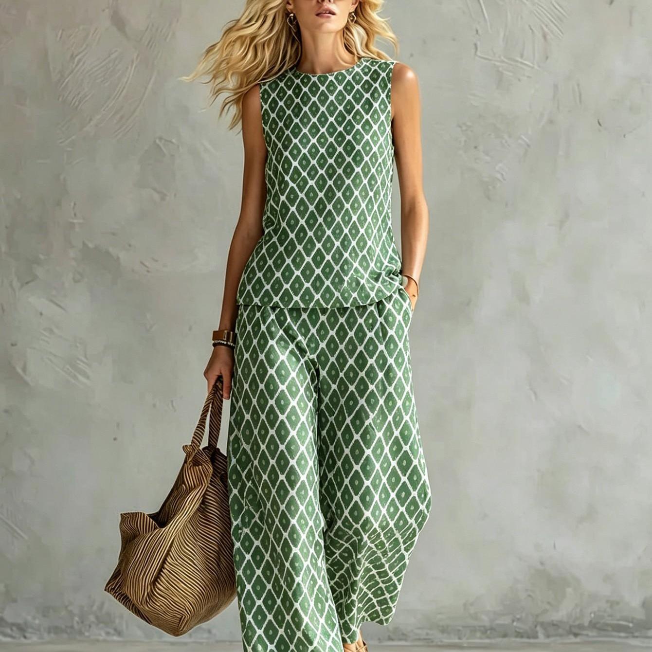 Image of New Women's Summer Clothing: Top And Pants Argyle Print Summer Women's Vest Set Casual Wear Machine Washable Fiber Easy And Two-piece Set 2d Flat Printing Summer