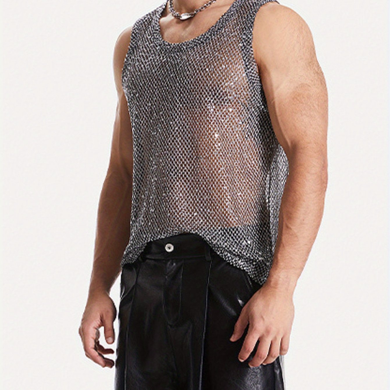 European And American Men's Fashion Fishnet Backless Cut-out Camisole Vest, Sheer Sequined Clubwear, Rave And Nightclub Apparel