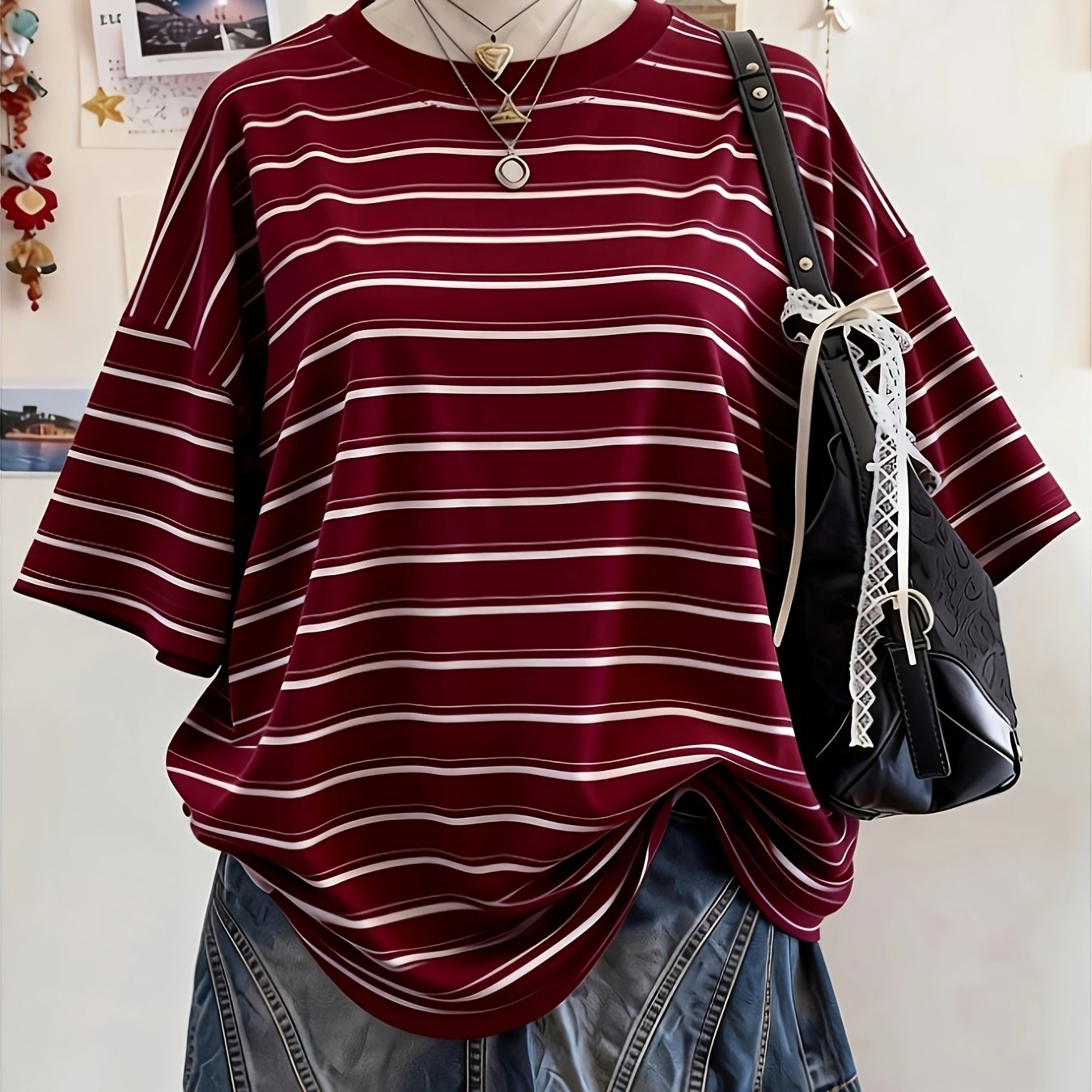 TEMU Striped Short Sleeve T-shirt Women's - Multicolor - Loose Casual Round Neck Curved Hem Versatile Top