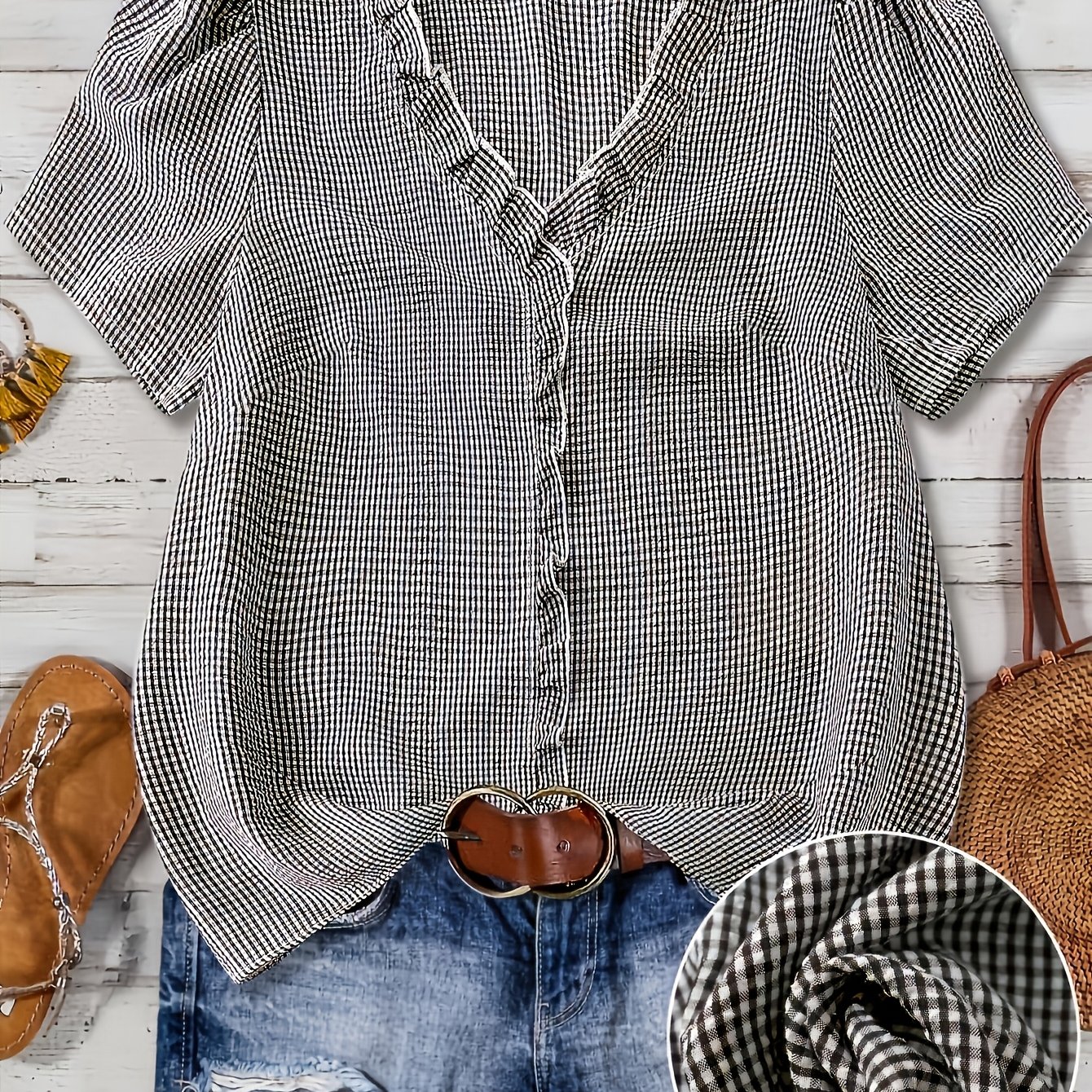 TEMU Women's Plaid V-neck Short Sleeve Casual Dress Shirt, Suitable For Outdoor, Vacation, Nightclub And Other Occasions