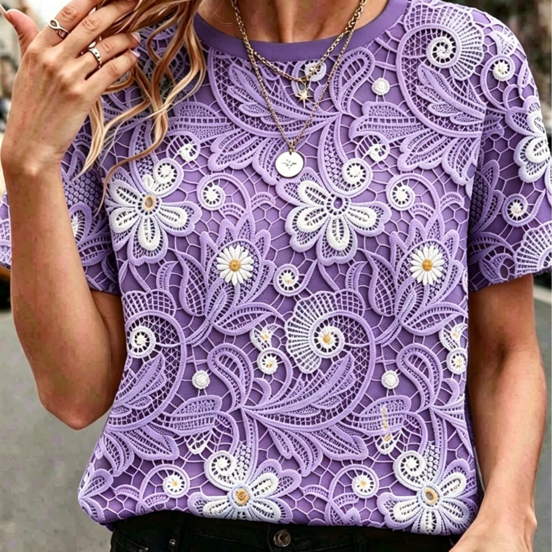 TEMU [printed Design Not Textured] Hot Premium T-shirt With Printed Design, Small Daisy Pattern, Printed Not Lace, Casual , Women's Short Sleeve