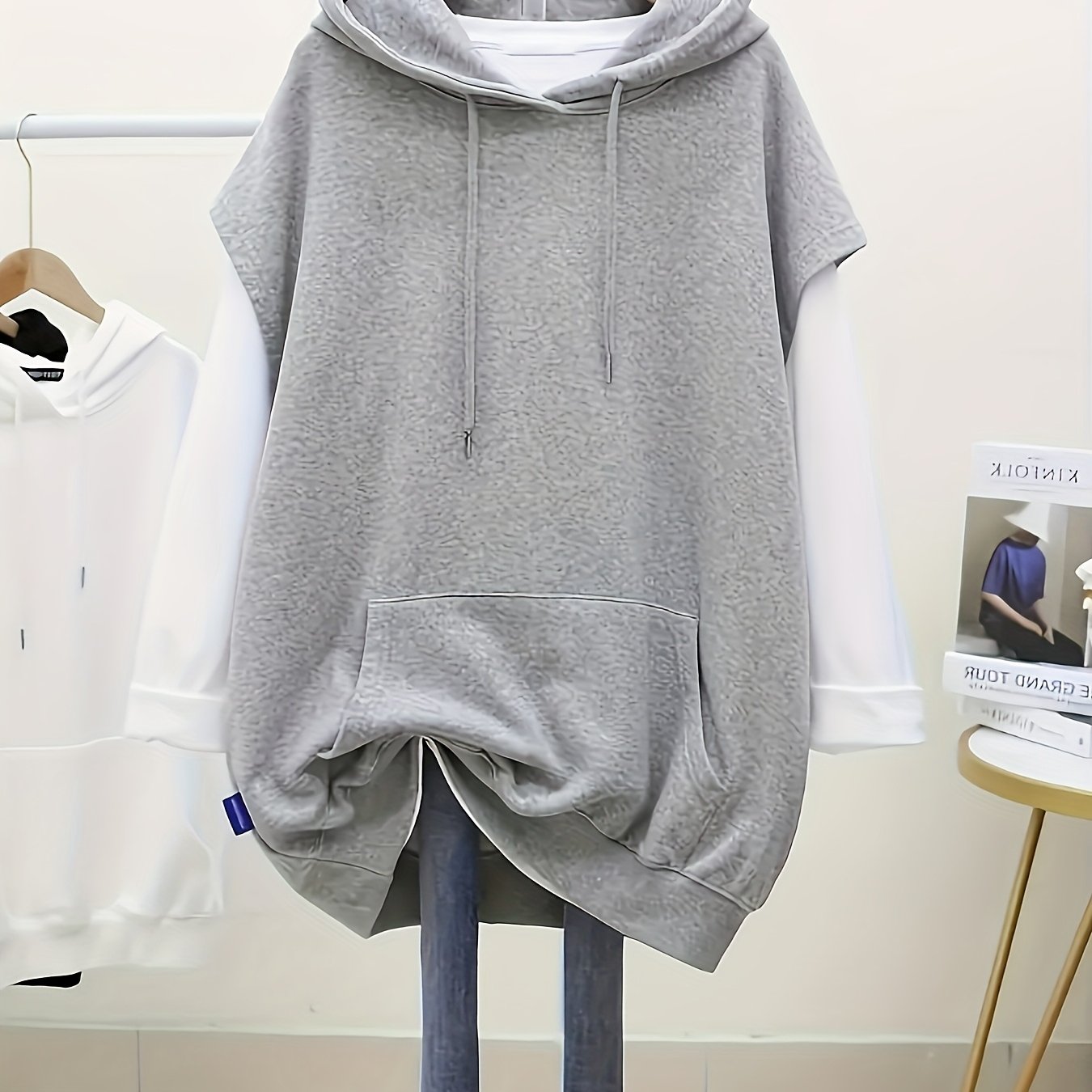 TEMU 春秋用レディース ルーズフィット ノースリーブ フード付きシャツ 調整可能なドローで様々なニーズに対応 多彩なネートシーンに最適
