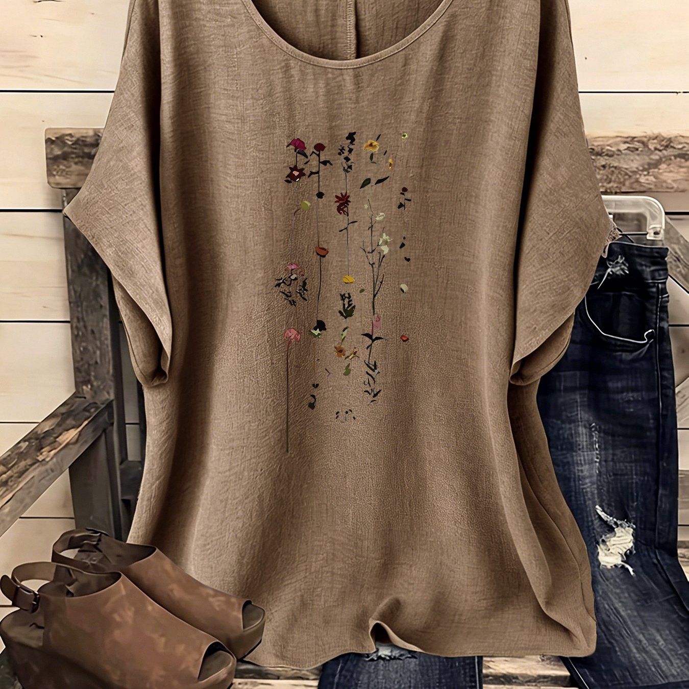 TEMU European And American Women' Creative Bohemian Floral Round Neck Drop Shoulder Sleeve Shirt, Elegant Party Women's Wear, Suitable For Spring,