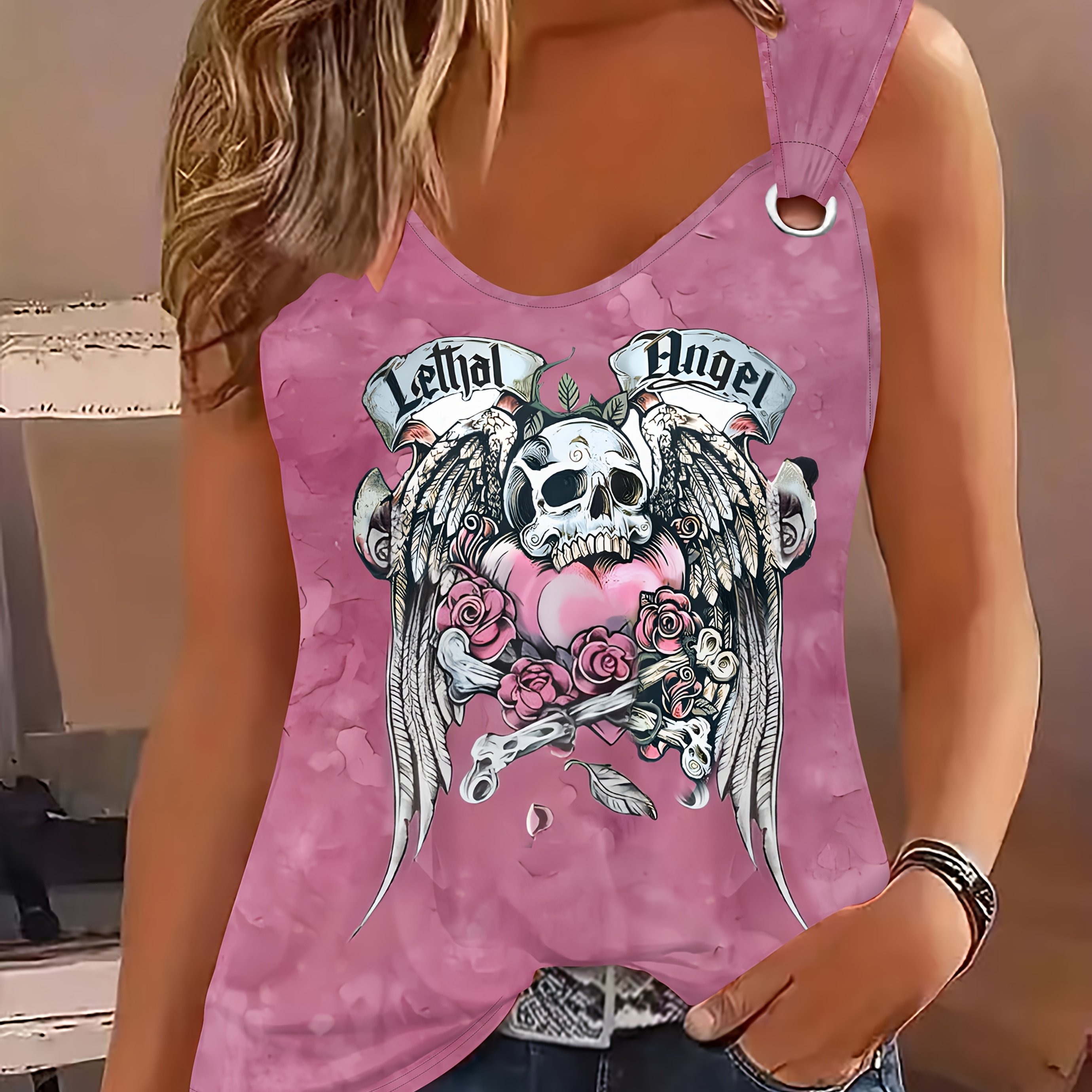 Women's Outdoor Leisure Sports Tank Top With Skull Pattern And Ring