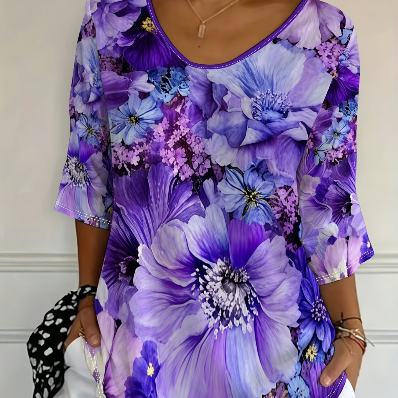 TEMU Plus Size - [printed Design - Not Texture] Women's Elegant Floral Print 3/4 Sleeve Top, Spring/summer Casual Short Sleeve Top, Women's T-shirt,