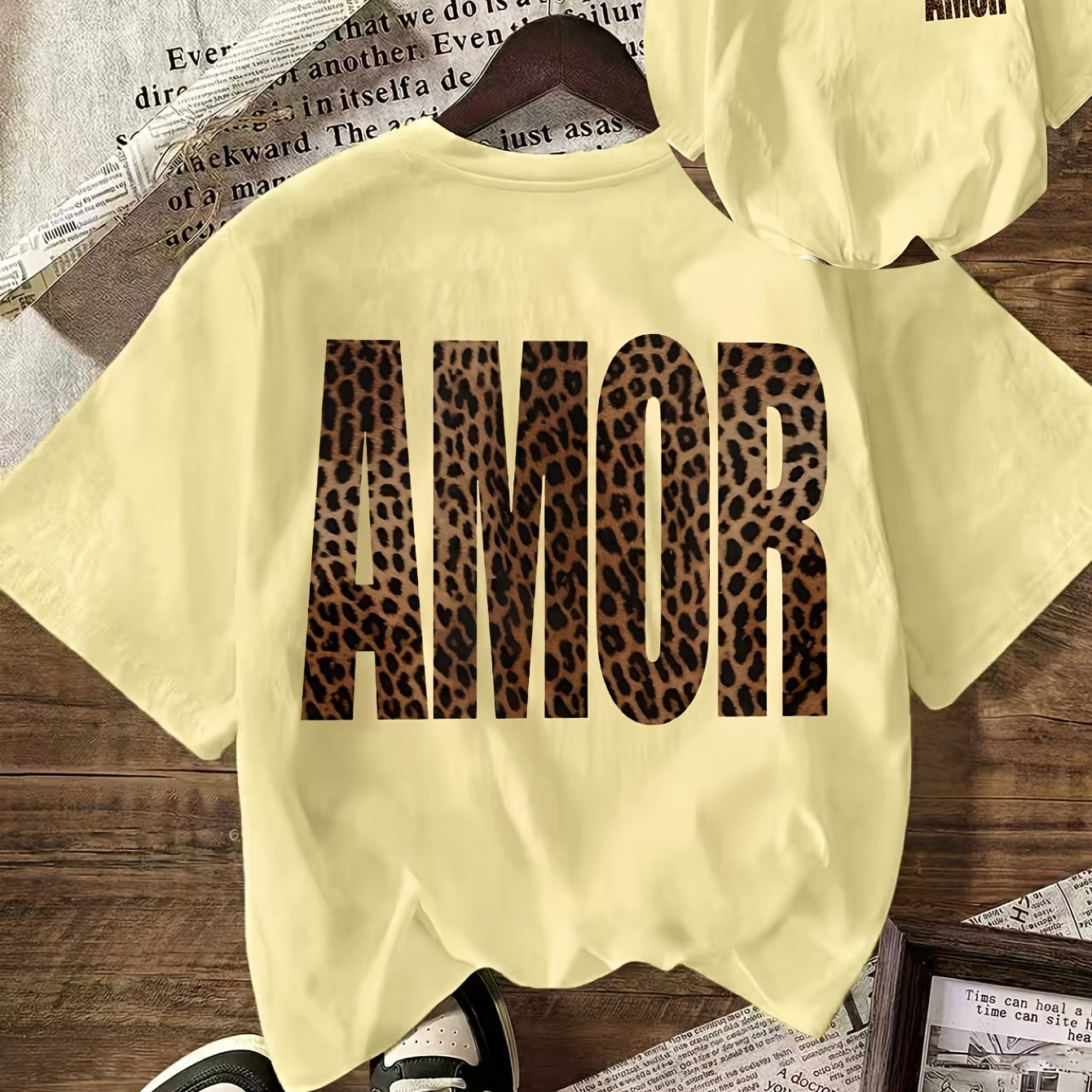 TEMU Leopard Print Amor Graphic T-shirt Summer Outfit For Women Vacation Outfits, Women's Casual Round Neck Short Sleeve -shirt