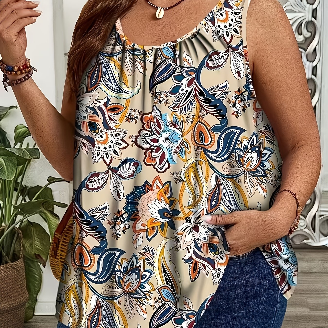 TEMU Plus Size, Plus-size Women's Geometric Print Sleeveless Top - Loose Round-neck Casual Blouse, Machine Washable Spring/summer Fashion, Warm