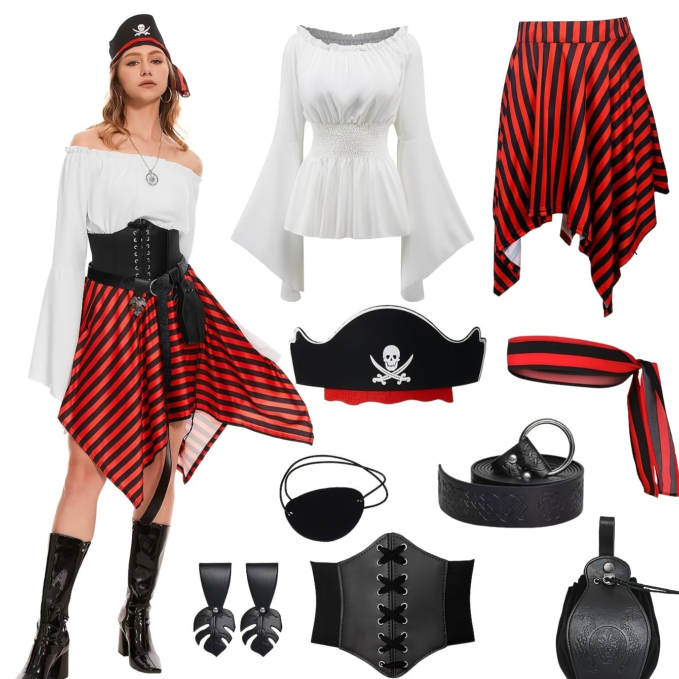 Vestido De Pirata Renacentista Para Mujer Con Cinturón, Cadena Y Collar - Tallas S-M-L - Ideal Para Carnaval Y Halloween