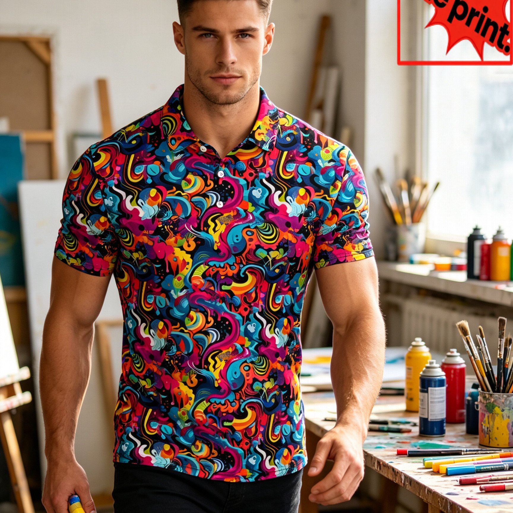 TEMU [printed Design-nottextured] Summer Men's Short-sleeve Shirt With A Matching Color Turn- Collar And Colorful Fluid Swirl Pattern Print,