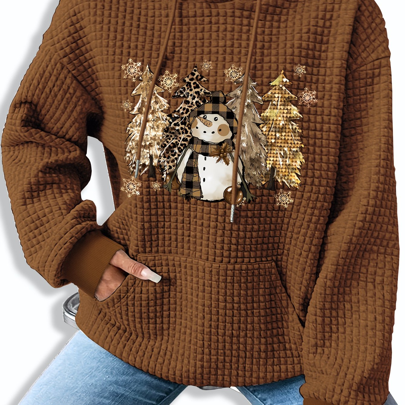 TEMU Women's Christmas Cat & Tree Graphic Print Waffle Hoodie - Cozy Kangaroo Pocket Sweatshirt For Winter & Fall, Machine Washable Casual Pullover,
