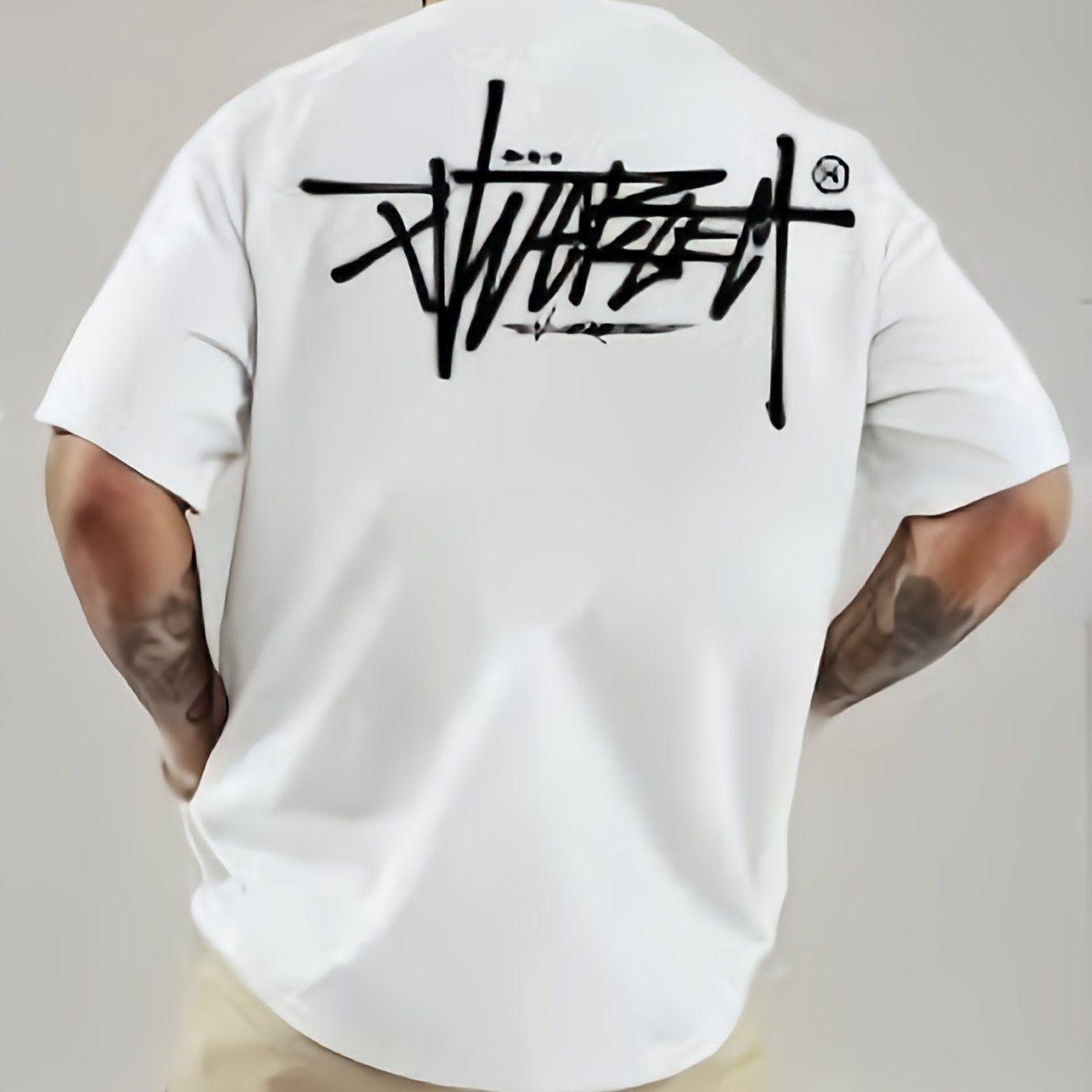 TEMU Men's Style T-shirt - Breathable Summer Top With Graffiti Alphabet Logo, Crew Neck, Stretch Fabric, Machine Washable, Unisex, Suitable For