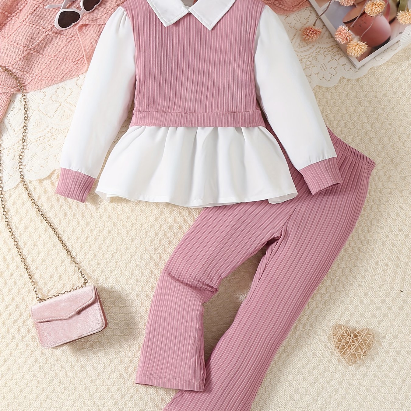 Image of Young Girl's Long Sleeve Shirt With Lapel And Ribbed Knit Pants Autumn Winter Two-piece Set, Perfect For Outdoor