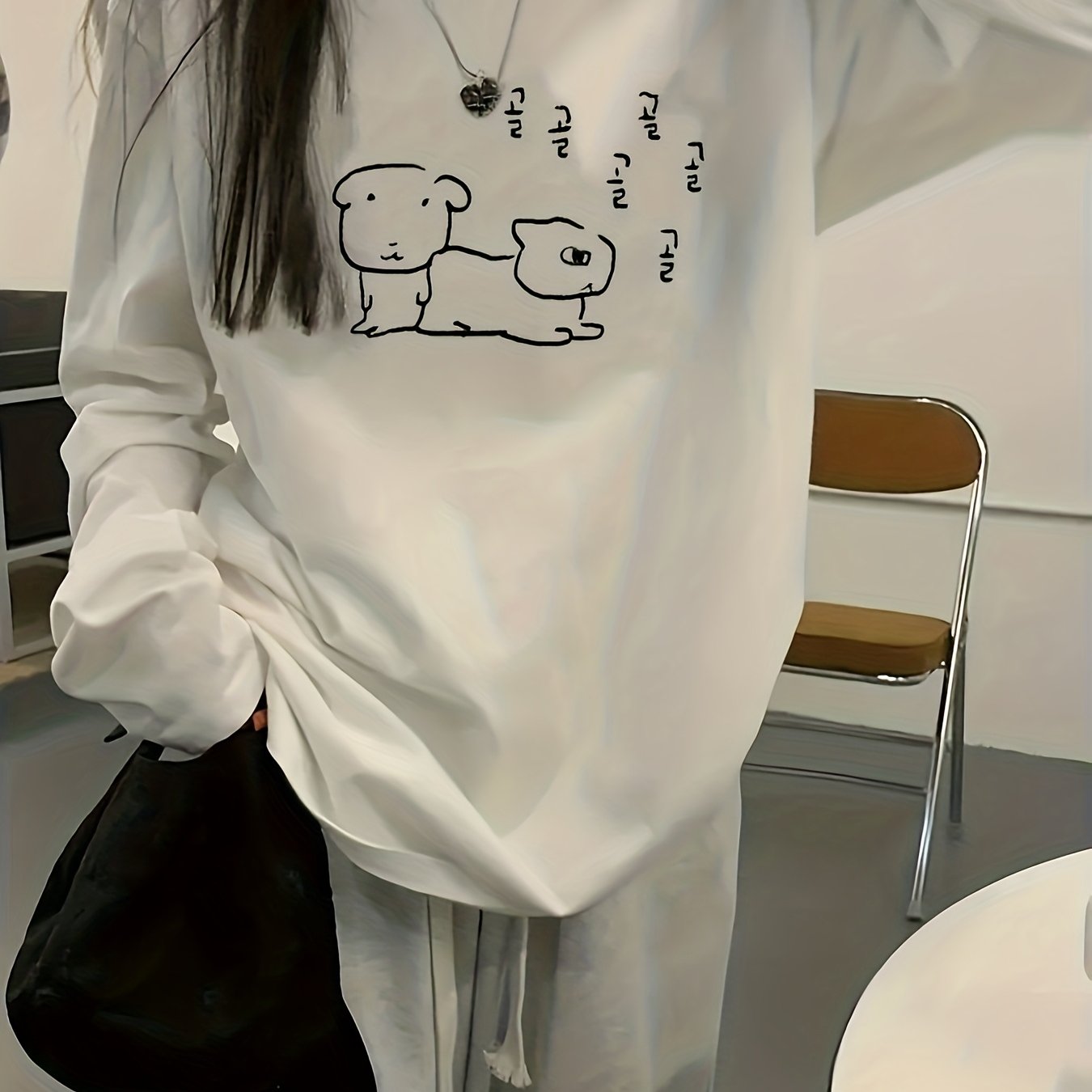 TEMU 카툰 프린트 긴팔 티셔츠, 캐주얼 긴팔 - 폴리에스터 원단, 가을 및 겨울을 위한 완벽한 선택. 편안한 여성 패션 - 부드럽고 통기성 좋은 데일리 캐주얼웨어용