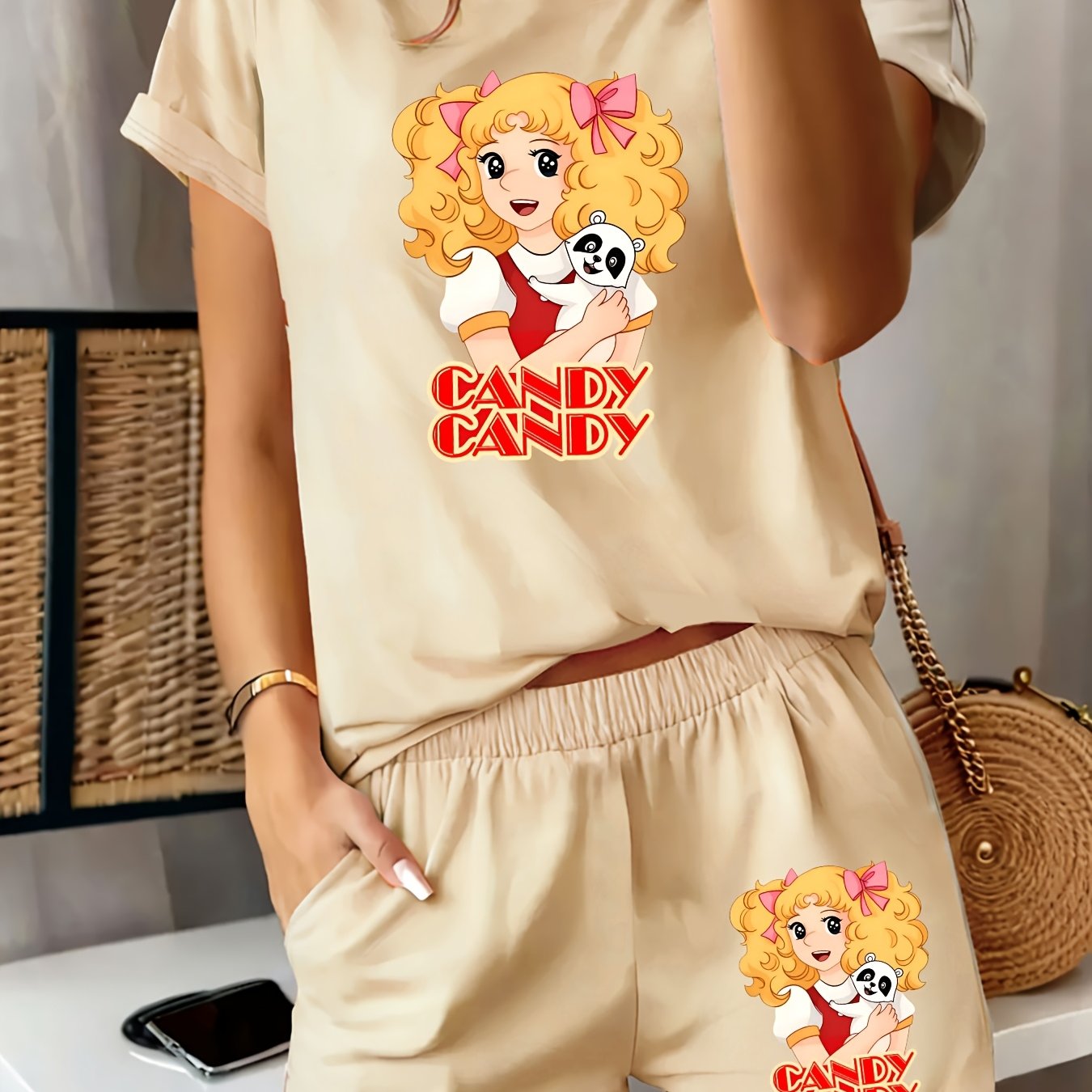 TEMU Un ensemble pièces élégant et confortable pour femmes, comprenant une blonde tenant un panda, avec un motif imprimé sur un t-shirt à manches