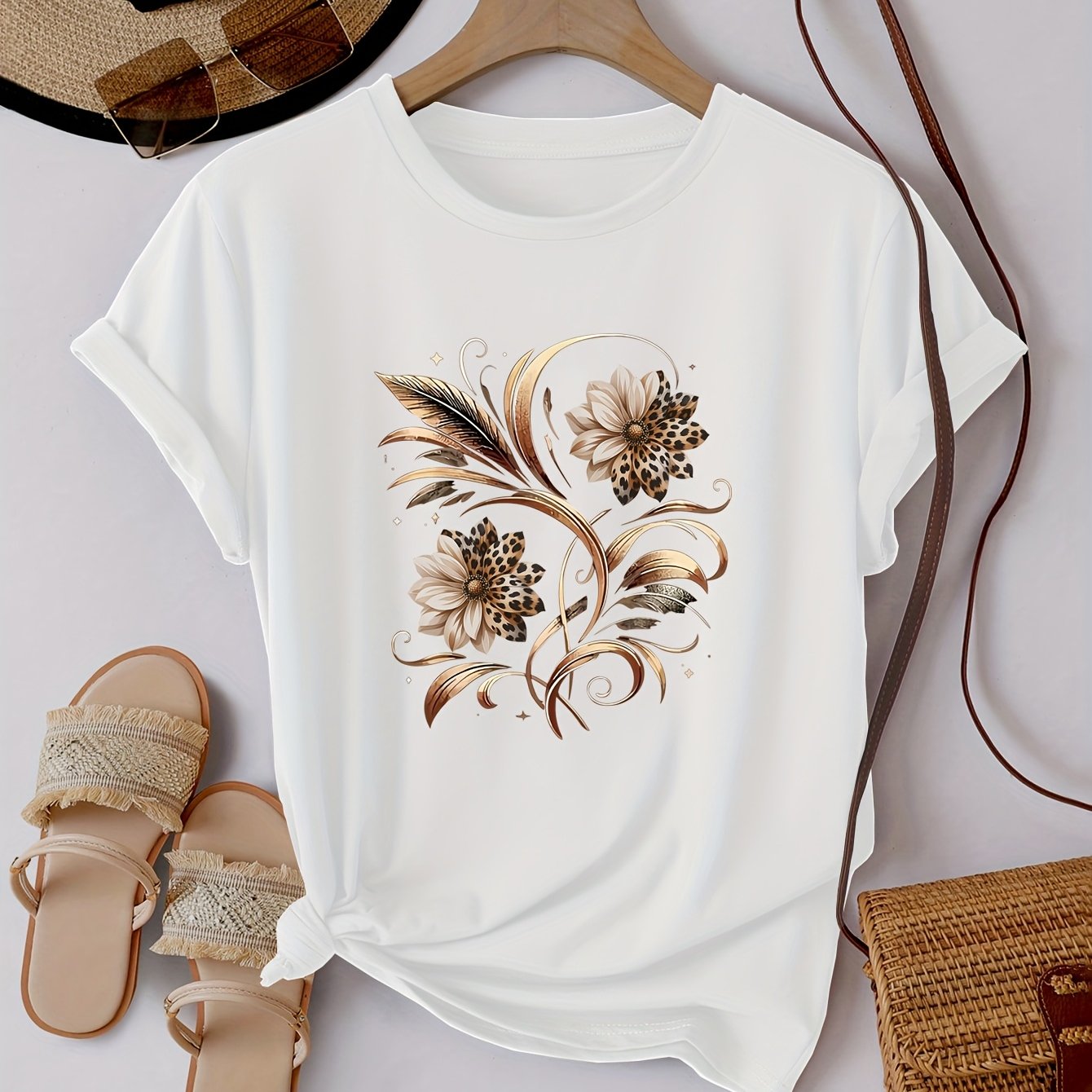 TEMU Women's Fashion Printed T-shirt, Featuring A Leopard And Floral , Round Neck Short Sleeve Top, Soft, Comfortable, Breathable, And Machine