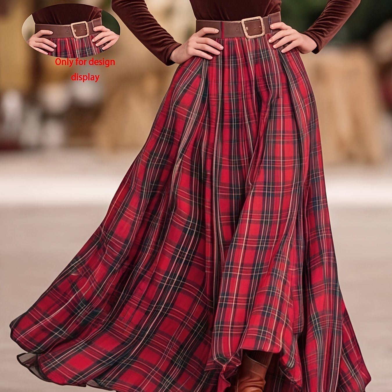 TEMU Vintage Red Plaid High-waist Long Skirt, Fall Scottish Flared Pleated Maxi Skirt, Elastic Waist (no Belt), Flowy A-line Skirt, Christmas Party