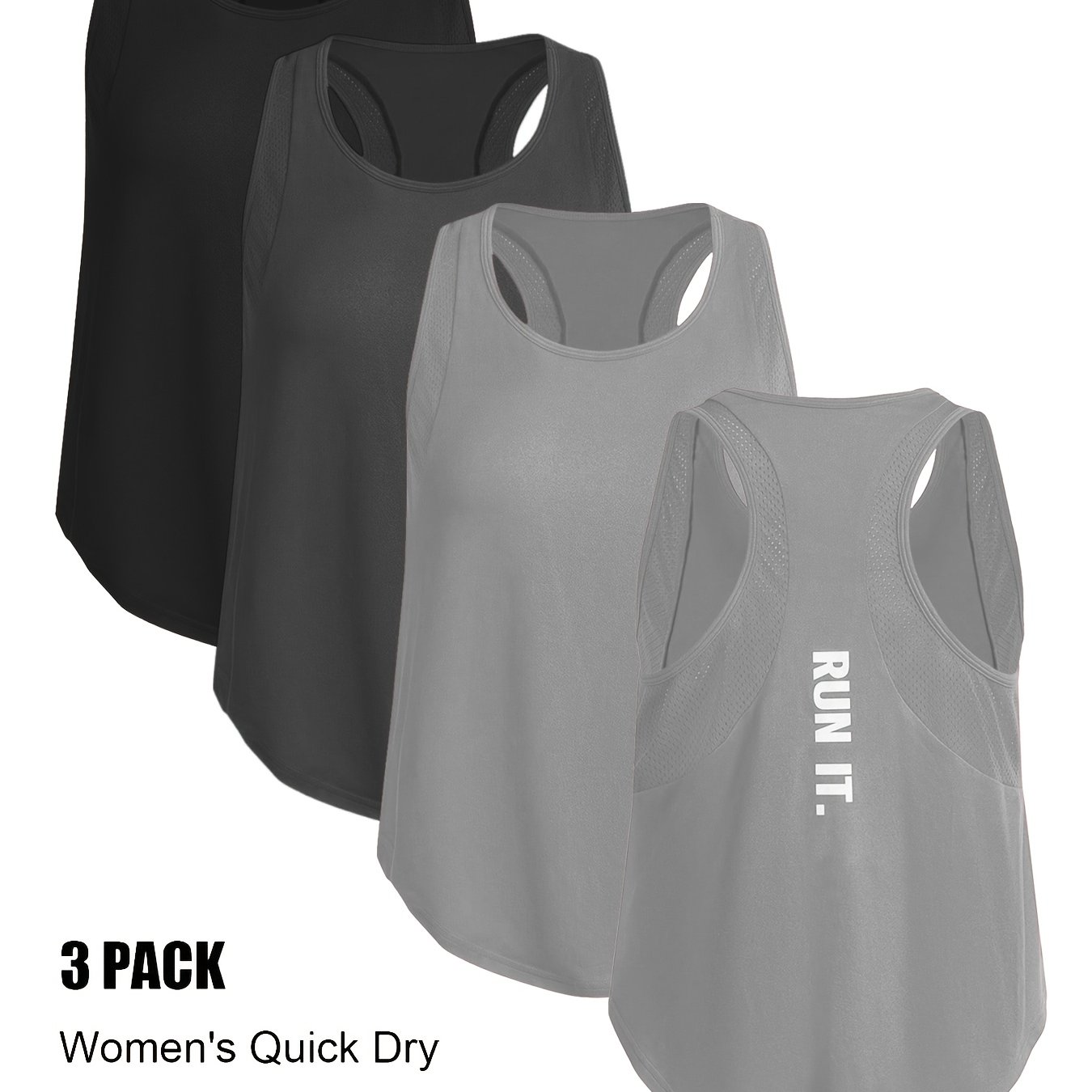 Image of 3-pack Women's Casual Sports Tank Tops | Breathable Lightweight Fitness Vest, Yoga Tank, Sleeveless Crew Neck Pullover With Contrast Mesh Detail
