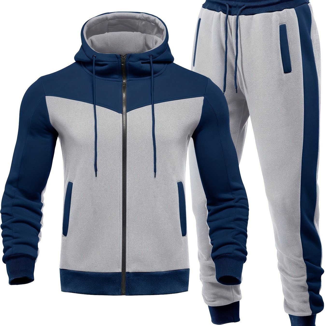 TEMU Men's Casual Sportswear Hoodie Set, Two-piece With Color Block Design, Zip-up Drawstring Jogging Suit For All Seasons