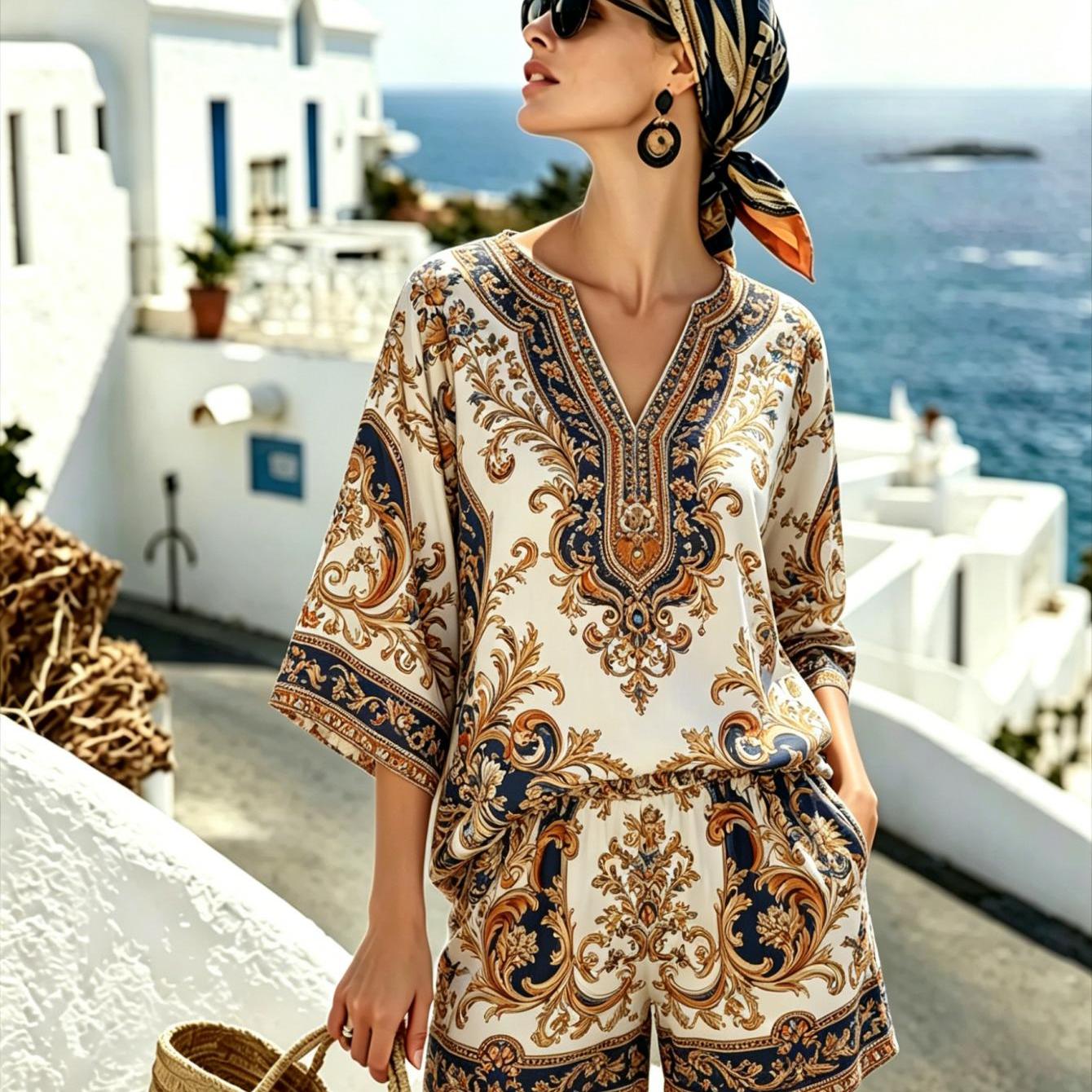 Image of New Women's Set - Summer Outfit Baroque Style Floral Patterns Casual Women's Top And Shorts Two-piece Set Fiber Machine Washable Style Suitable For Everyday Wear 2d Flat Print