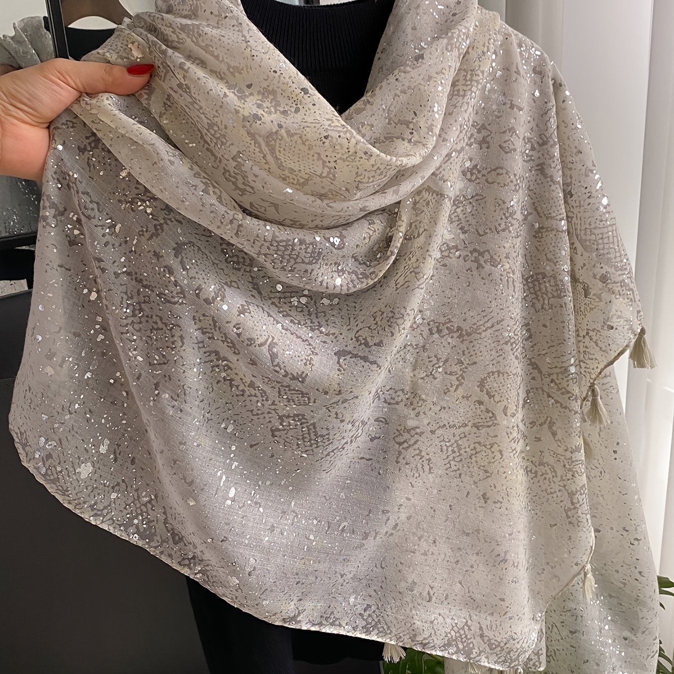TEMU Plus Size, Y2k Style Sequined Snake Print Fringe Wrap Cardigan For Women, Lightweight And Luxurious Outerwear, Suitable For Parties And Evening