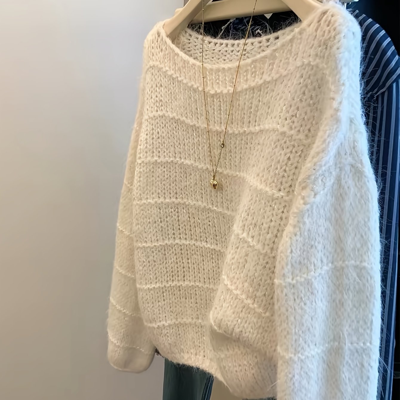 TEMU New Elegant Women's Sweater With Soft Textured , Layered Openwork Stripes, Chunky, Relaxed Drop-shoulder Long Sleeves, And A Comfortable Fluffy