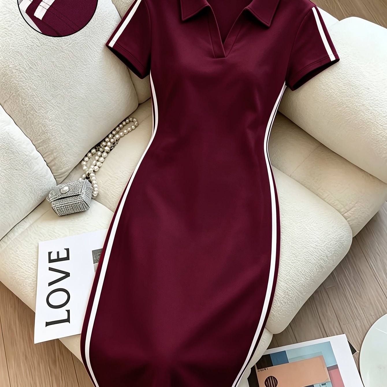 TEMU Women's Elegant Design Double Stripe Side Panel Shoulder-seam Collar Dress, Slim-fit Flattering Hip-hugging Maxi Dress, Casual , Versatile For