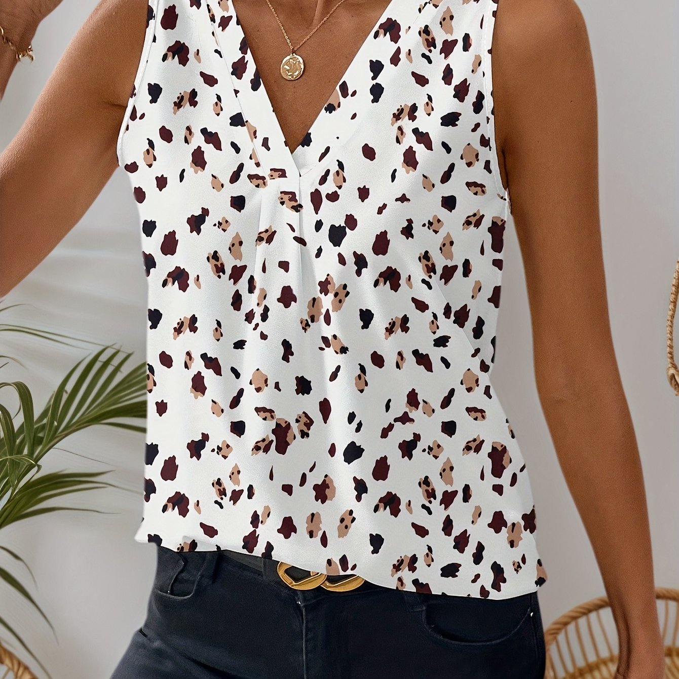 E-shop Modisches Pendler-Leopardenmuster Ärmelloses V-Ausschnitt Elegantes Bluse