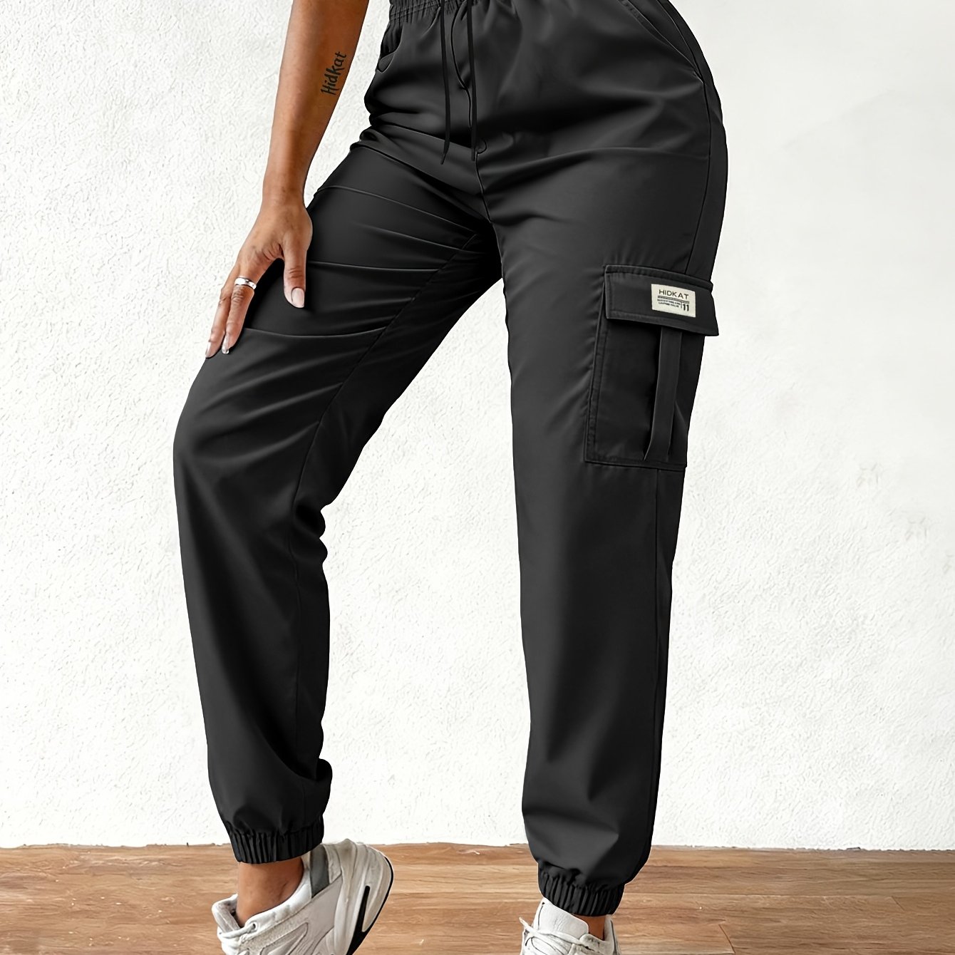 TEMU Women's Lightweight Work Pants With Adjustable Waist And Flap Pockets - Solid Color (black/navy/gray/olive) - Long-length/outdoor/work Pants, Suitable For Spring, Summer, And Fall, , (hand Wash/)
