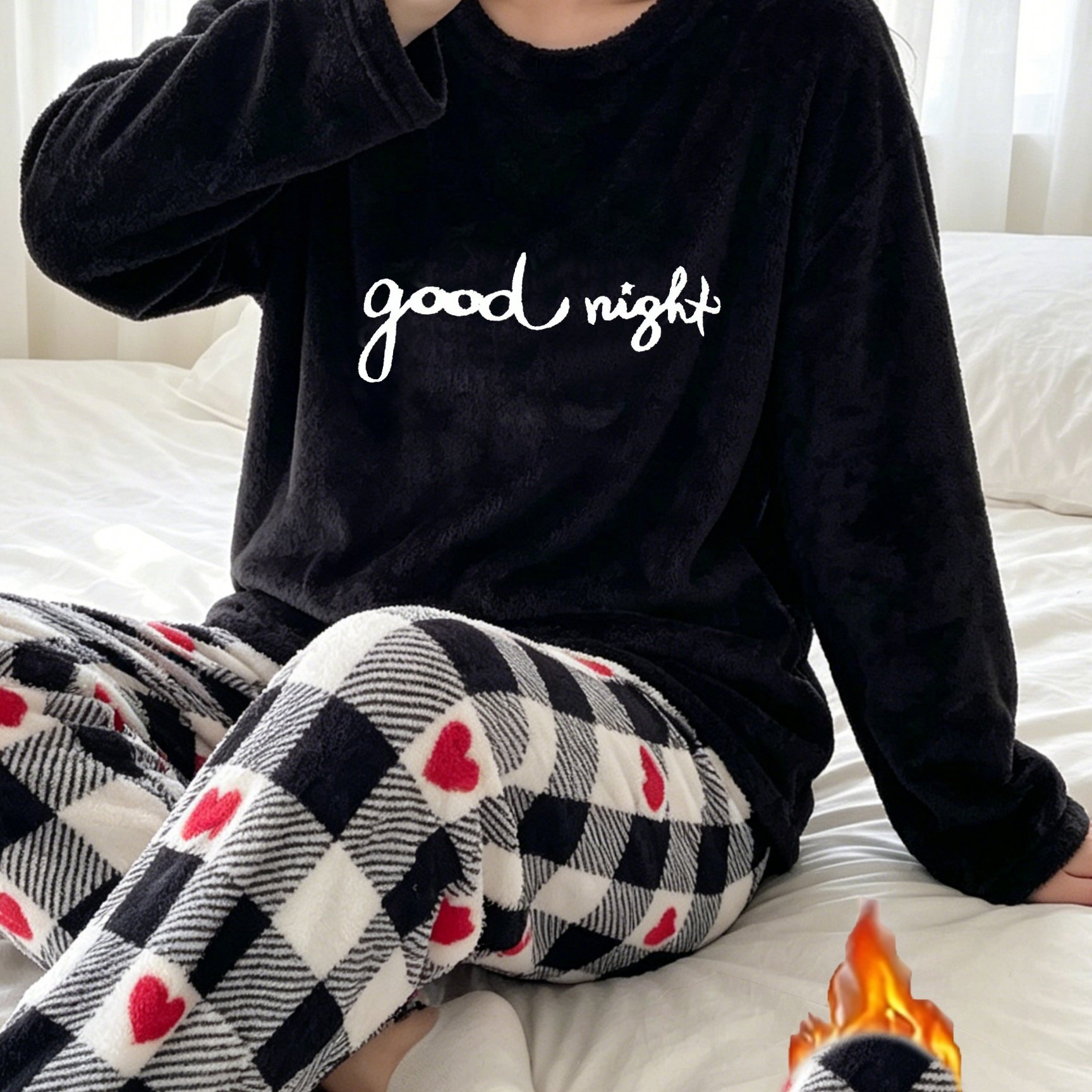 TEMU Winter Women's Warm Pajama Set, Heart Loungewear Set