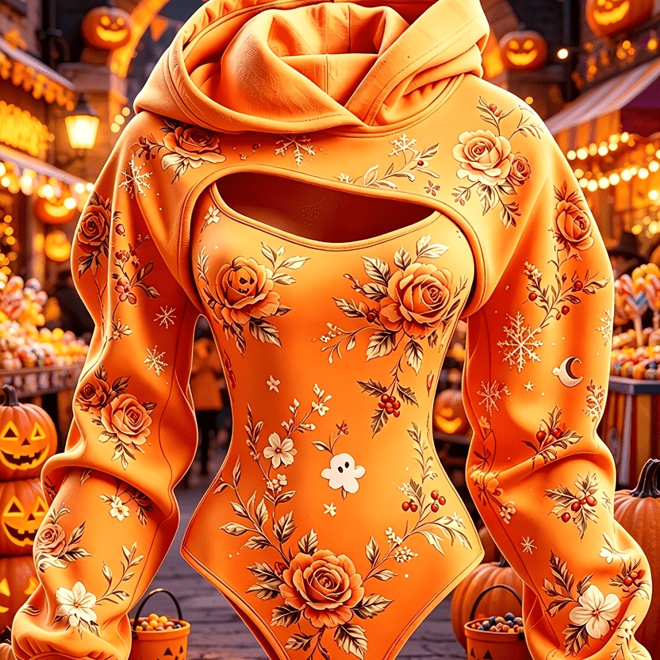 Image of Women'-piece Halloween Costume, Orange Pumpkin Rose And Cute Ghost Floral Print Hooded Cape And Bodysuit Set, Horror Season Long Sleeve Cosplay Outfit Hooded Bodysuit Top