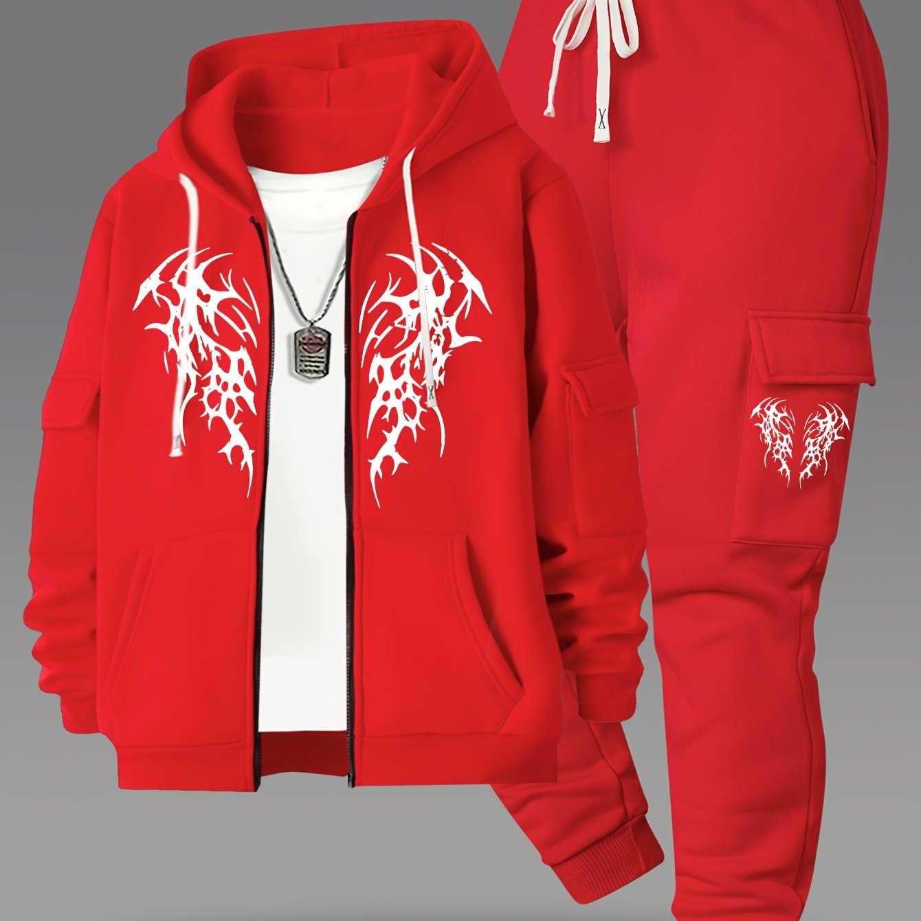 TEMU Fashion Zip-up Hoodie And Loose Cargo Pants With Multiple Pockets, Casual Daily Comfortable Versatile Breathable Drawstring Zip-up Hooded