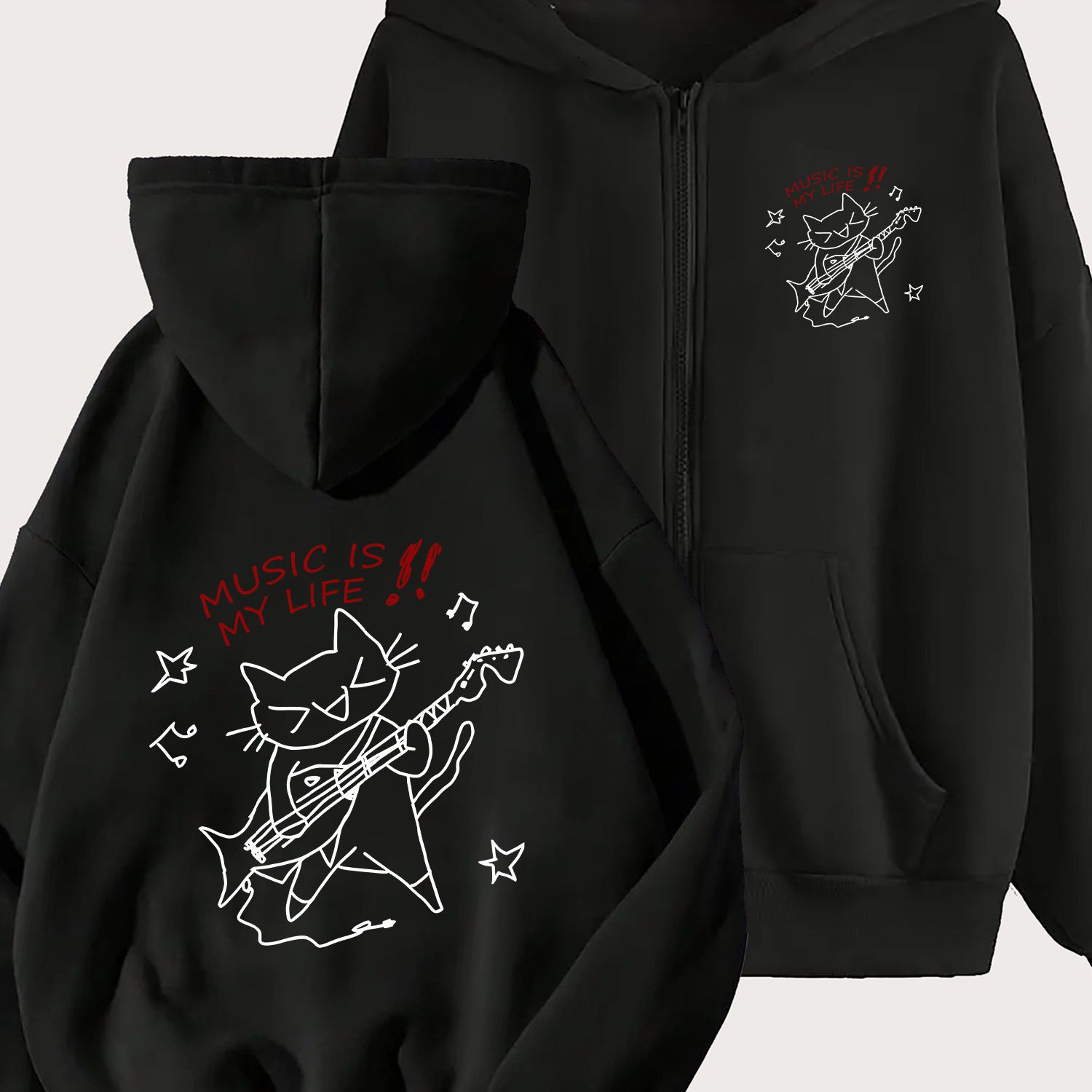 TEMU Women's Full-zip Hooded Jacket - Featuring Trendy Minimalist Letters And A Geometric Pattern Of A Cat With A Guitar, This Long-sleeve Zip-up