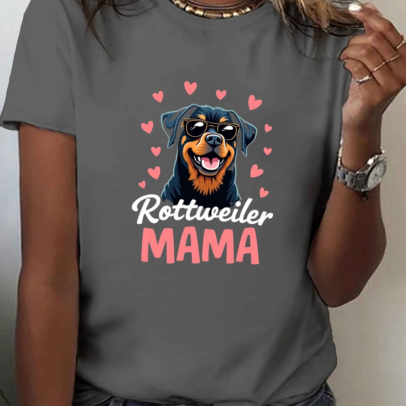 TEMU Rottweiler Wearing Fashion Glasses Print T-shirt, Short Sleeve Crew Neck Casual Top For Summer & Spring, Women's Clothing