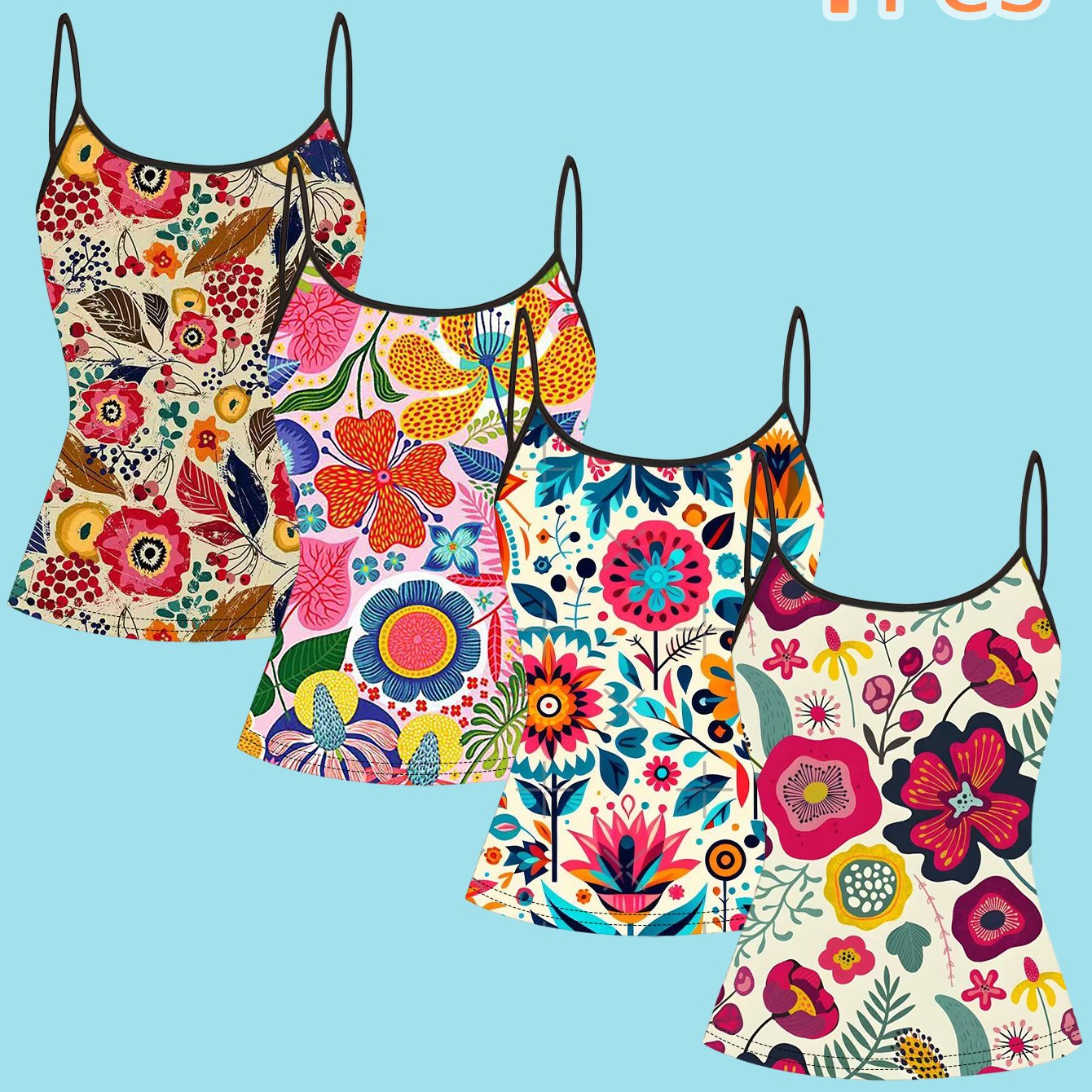 TEMU Set Of 4 Bohemian Style Floral Print Camisoles For Women, Featuring Slim Straps And A Fitted Sleeveless Design, Perfect For A Retro, Colorful,