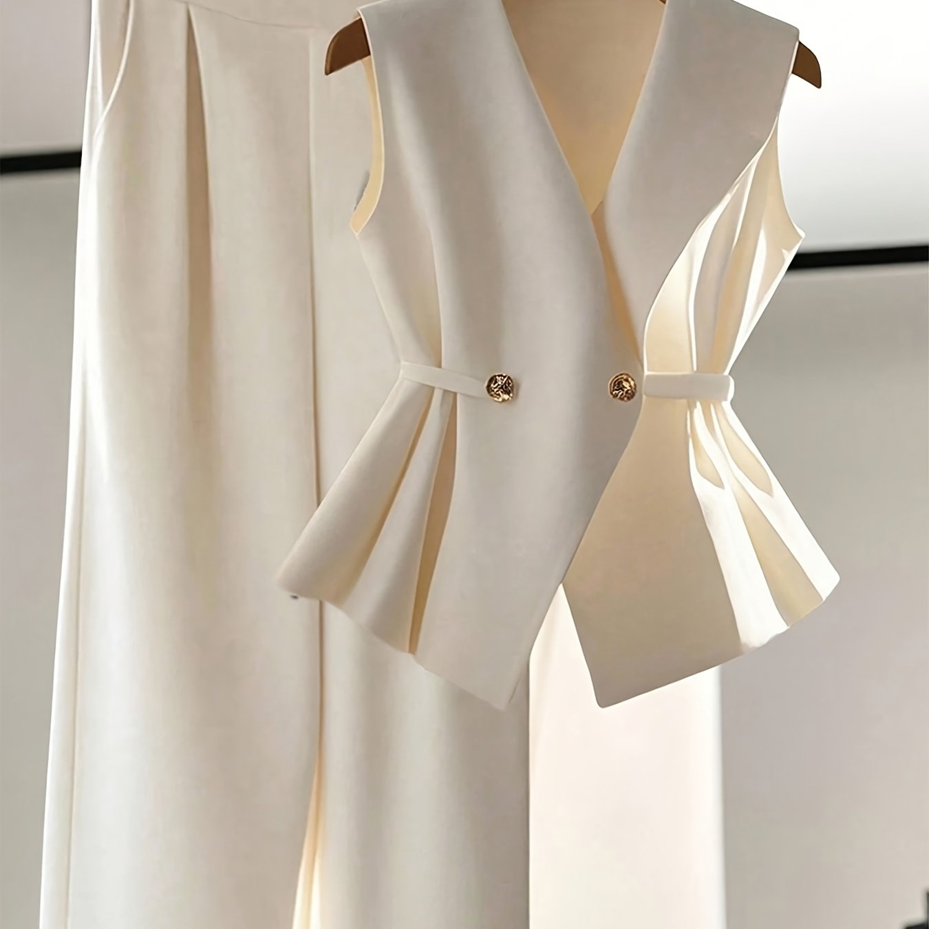 E-shop Ärmelloses Damenweste mit weiten Hosen Set, geknöpft, Taillenband, Pendlerweste, zweiteiliges Set, Party-Set, elegantes und schickes Damen-Set,