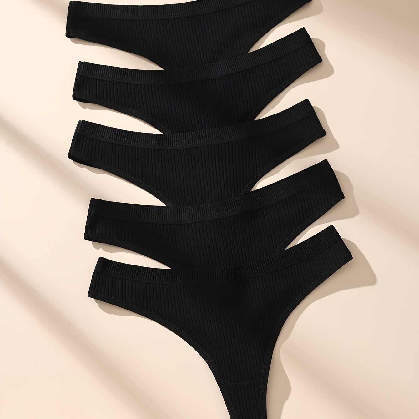 5pcs Sexy Ribbed Thong, Comfortable, Soft, Breathable And Elastic Underwear For Autumn And Winter, Women's Underwear