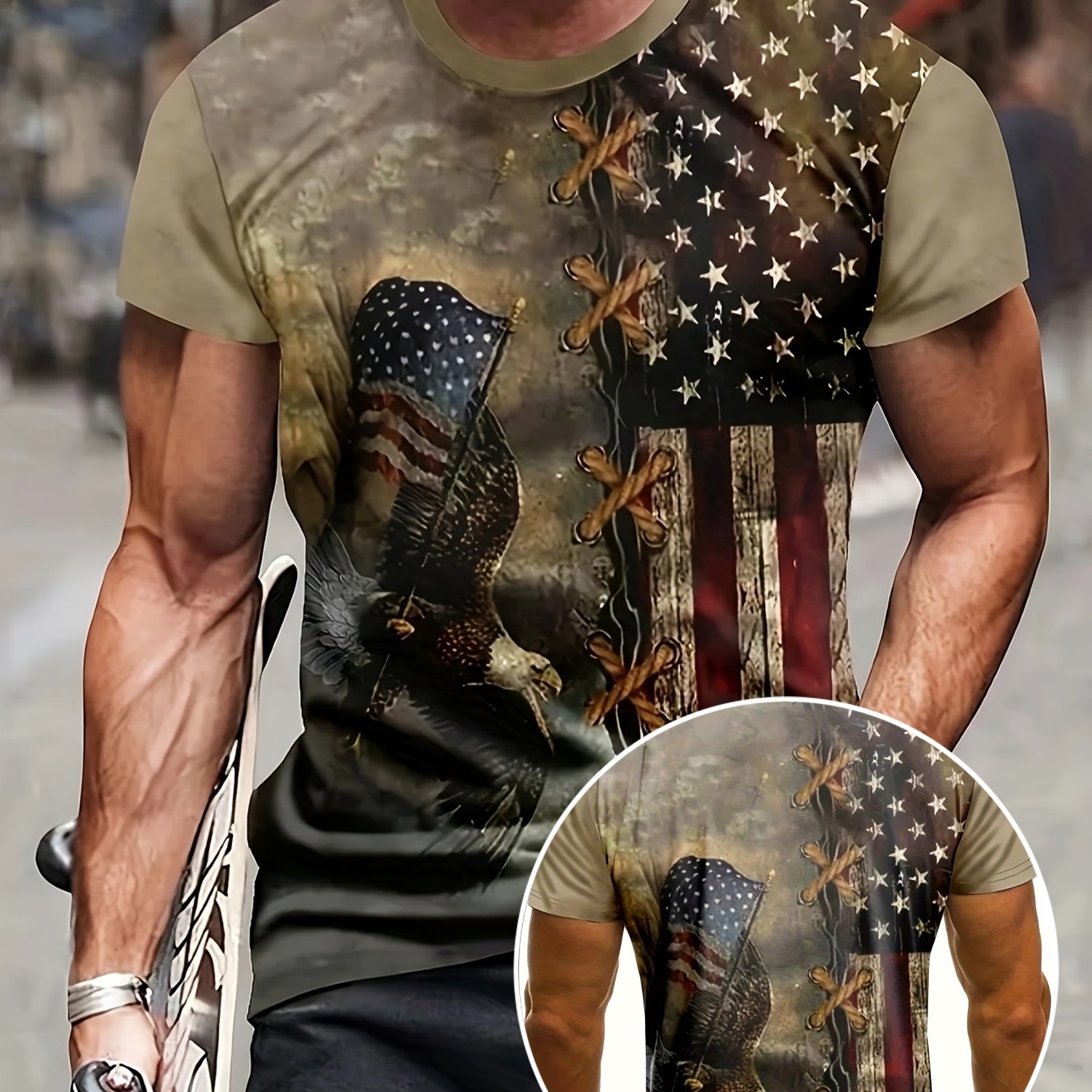 TEMU Men's Trendy Round Neck Graphic T-shirt Featuring A National , Perfect For Summer Casual Wear With A Comfortable 3d Print, Ideal As A Gift For Your Boyfriend