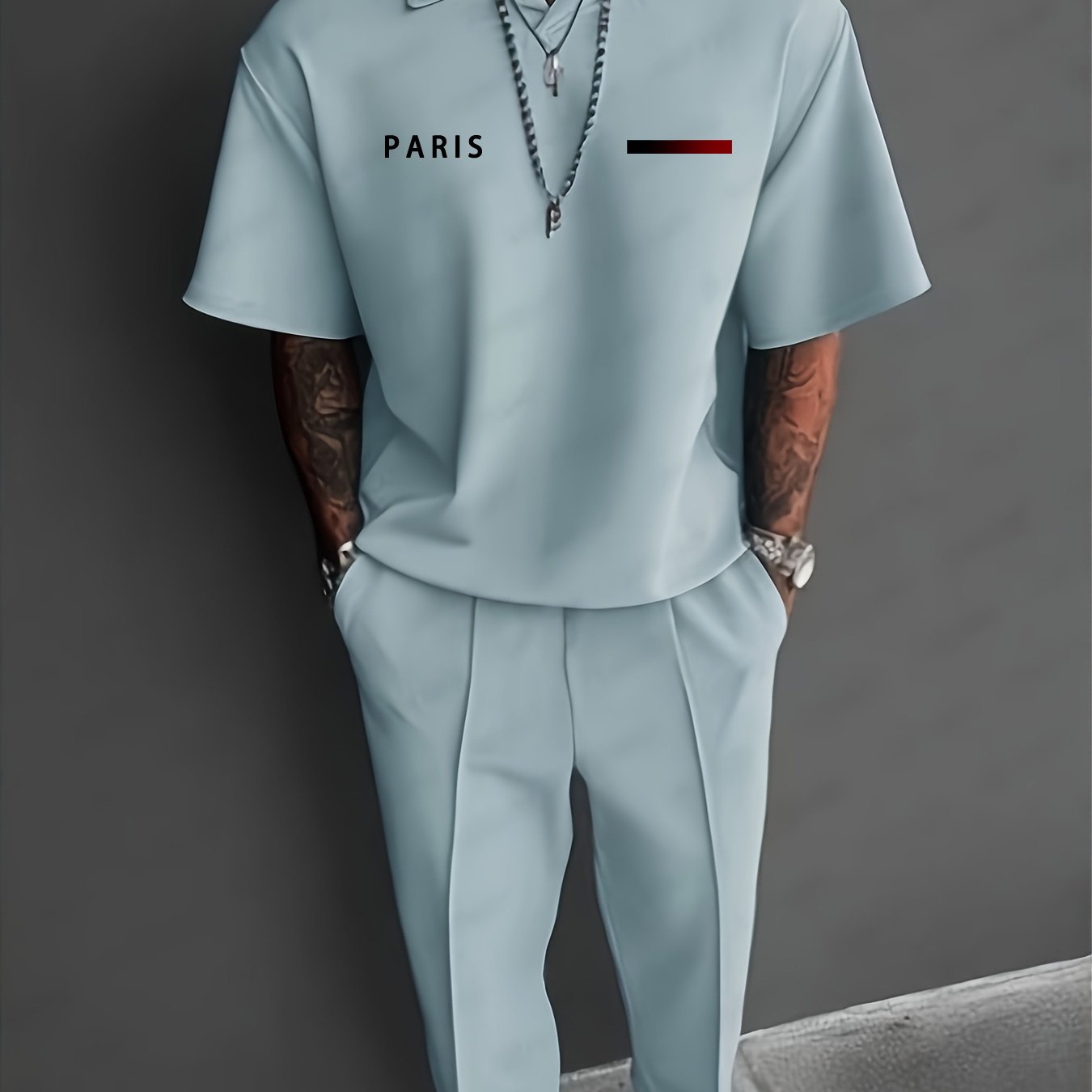 Image of Men's Collared Short-sleeve Long-pants Suit, Casual Everyday Outfit, With Drawstring Design, Suitable For Dancing, Traveling, Outdoor Activities, And School Wear, Suitable For , In Plus Sizes